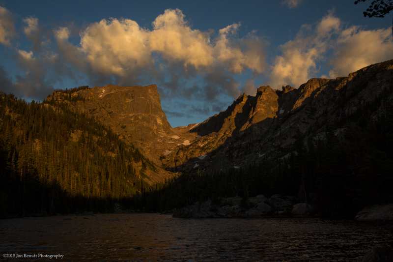 Hallett Peak from Dream Lake east shore at sunrise.