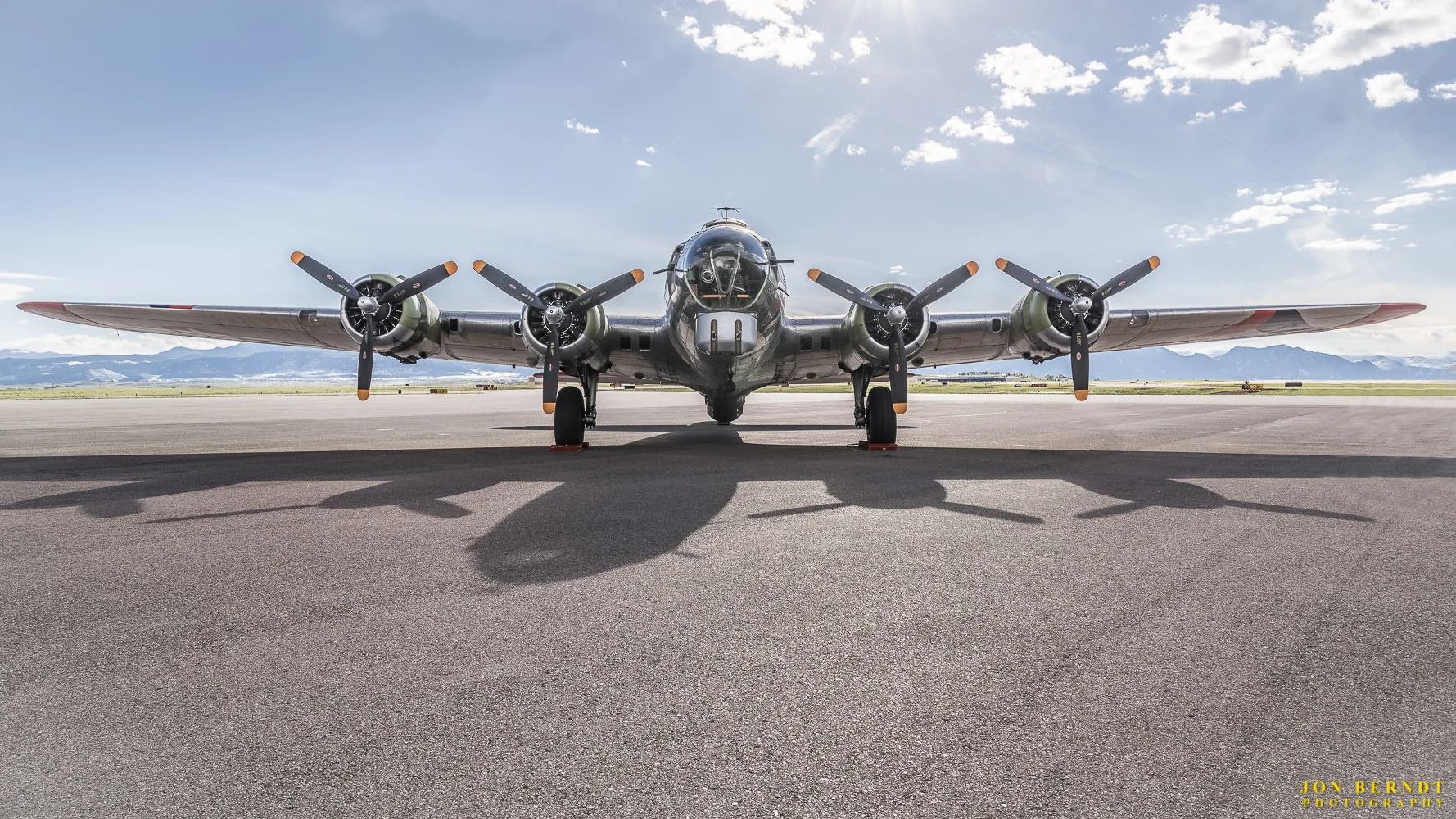 B-17G "Madras Maiden", head on. The lighting and shadows worked well for this shot on the runway.