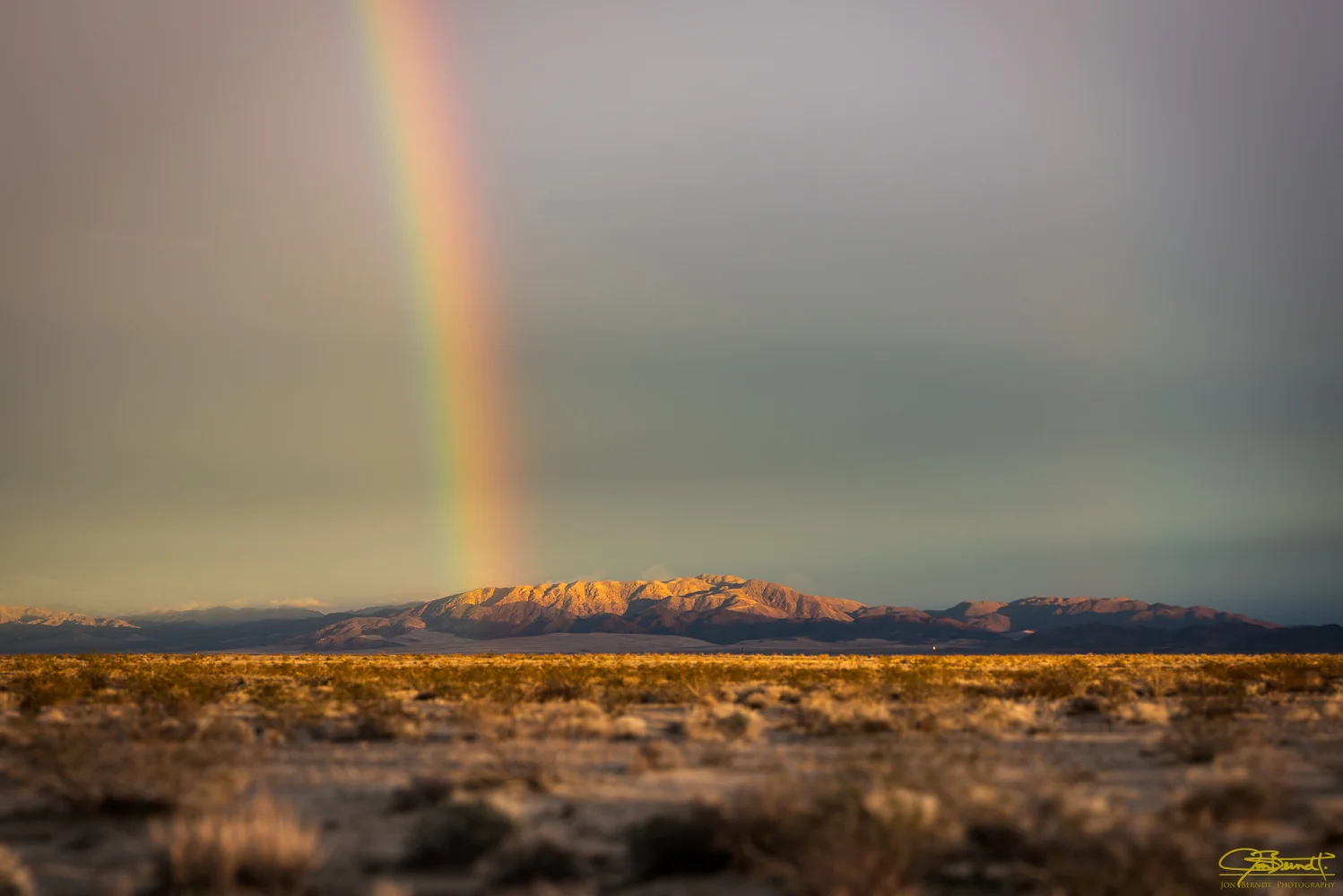 Early this year I traveled to visit family in Wonder Valley near Twentynine Palms, California. I happened to fly in during a huge rainstorm and over the next few days there was a lot of rain in southern California. One result was this rainbow over the Valley. Click here for information on ordering a print of this photograph.