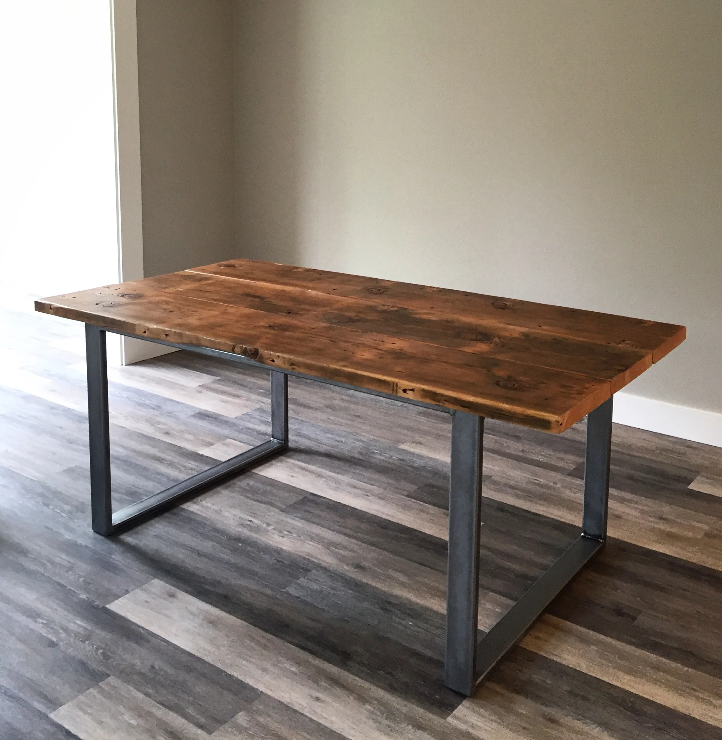  Reclaimed Douglas Fir dining table with modern leg 