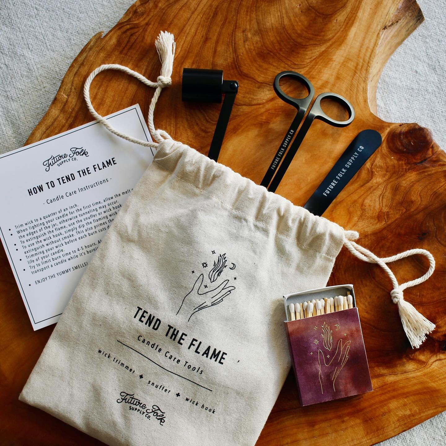 &gt;&gt;NEW&lt;&lt; 
Introducing!!

TEND THE FLAME | Candle Care Tool Kit

The set includes:
Wick trimmer
Snuffer
Wick hook
Strike matches
And instructions on how to get the most life out of your candles 🕯️