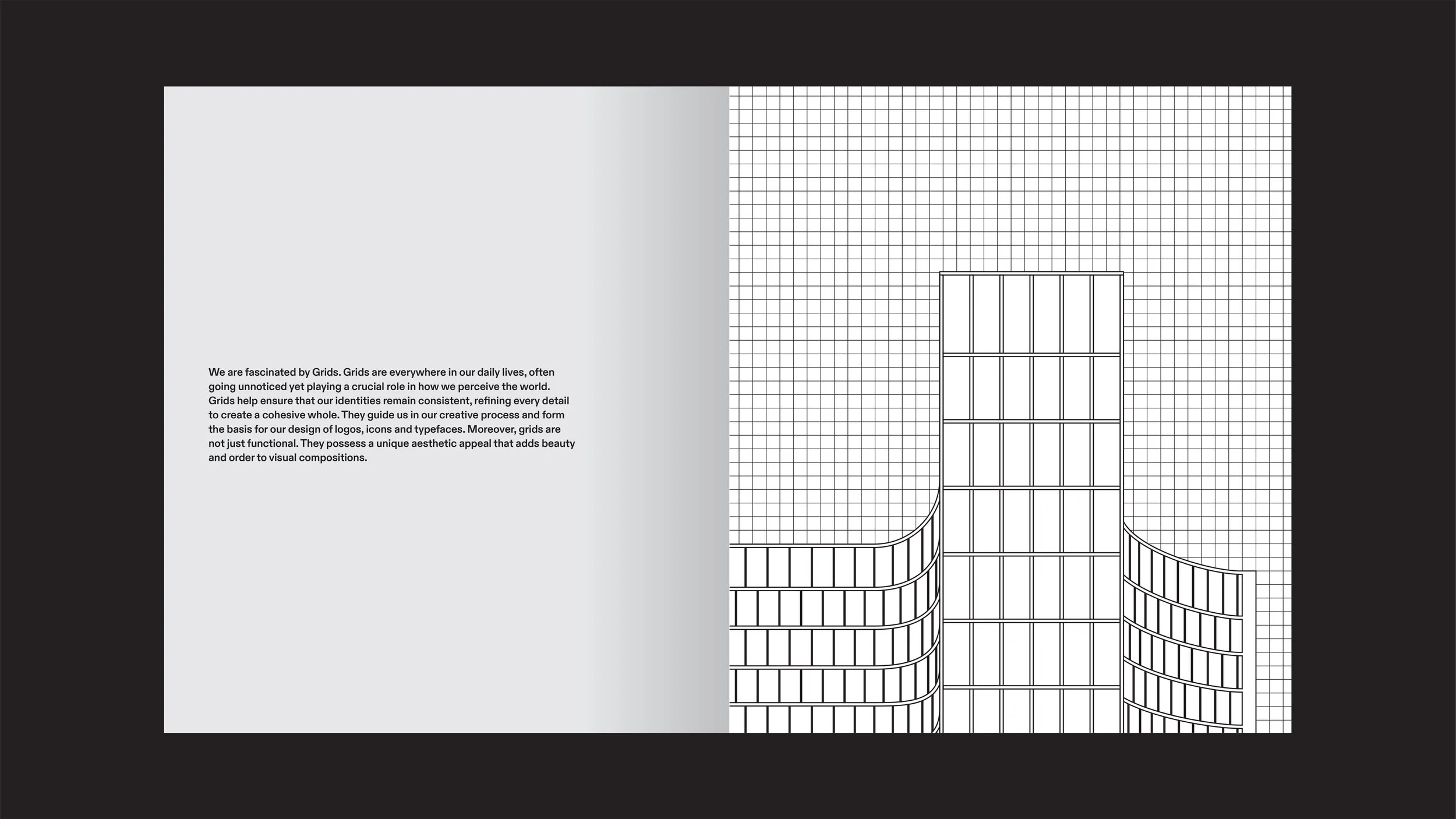 Open book or magazine with a page of text on the left side and a technical drawing or blueprint of a modern high-rise building on the right side, with a grid background.