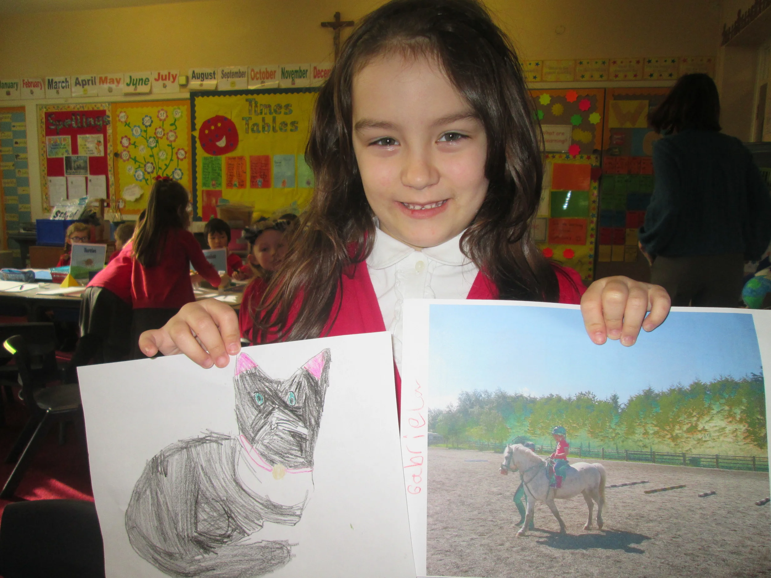 Gabriela drew this fantastic cat picture. She also told us about her horse-riding hobby.