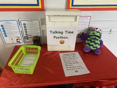  The Talking Time Postbox is centrally located by the school office and is a space where children can write down any of their worries or problems that they want to share. They post them confidentially and every note is then read and dealt with by Mrs