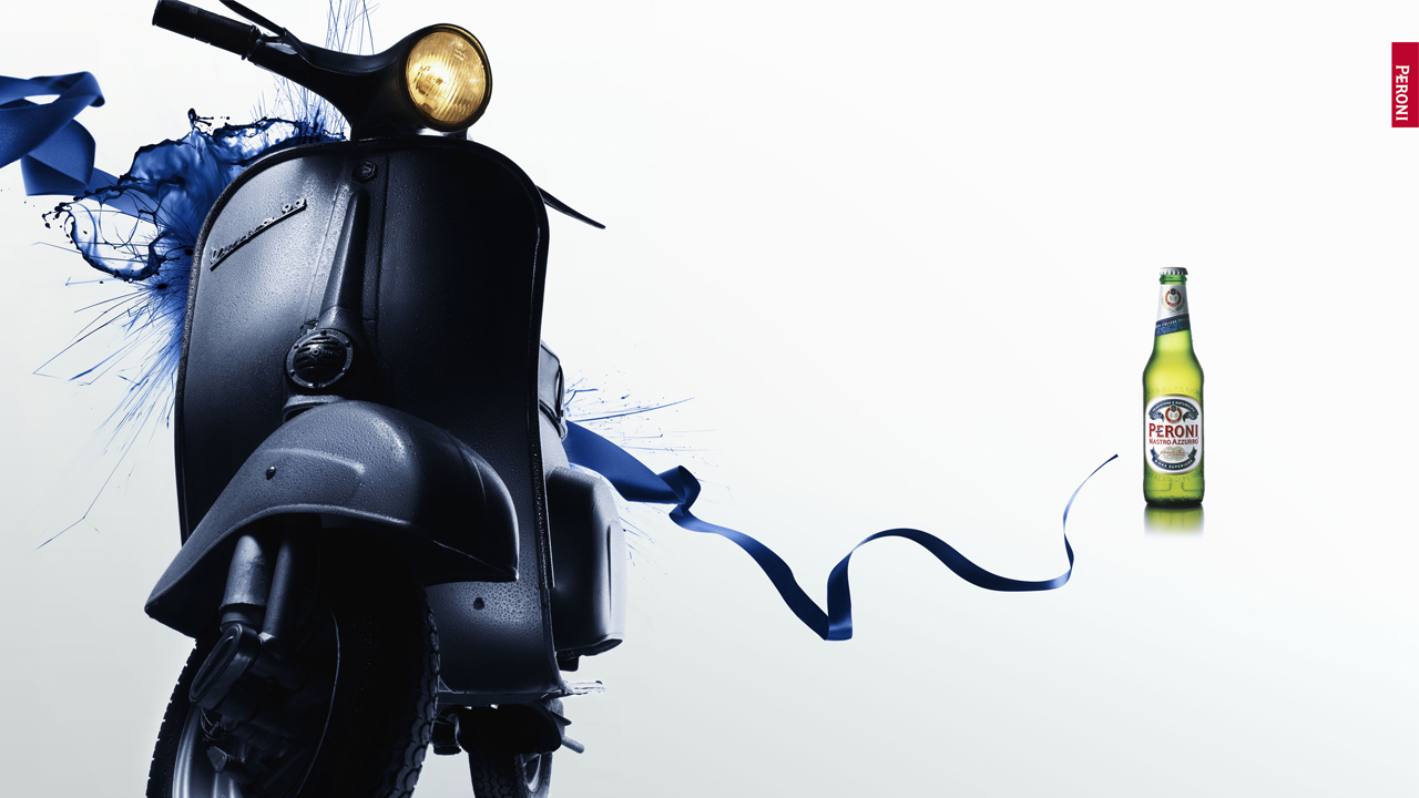Peroni advertisement featuring another iconic Italian design, the Vespa.