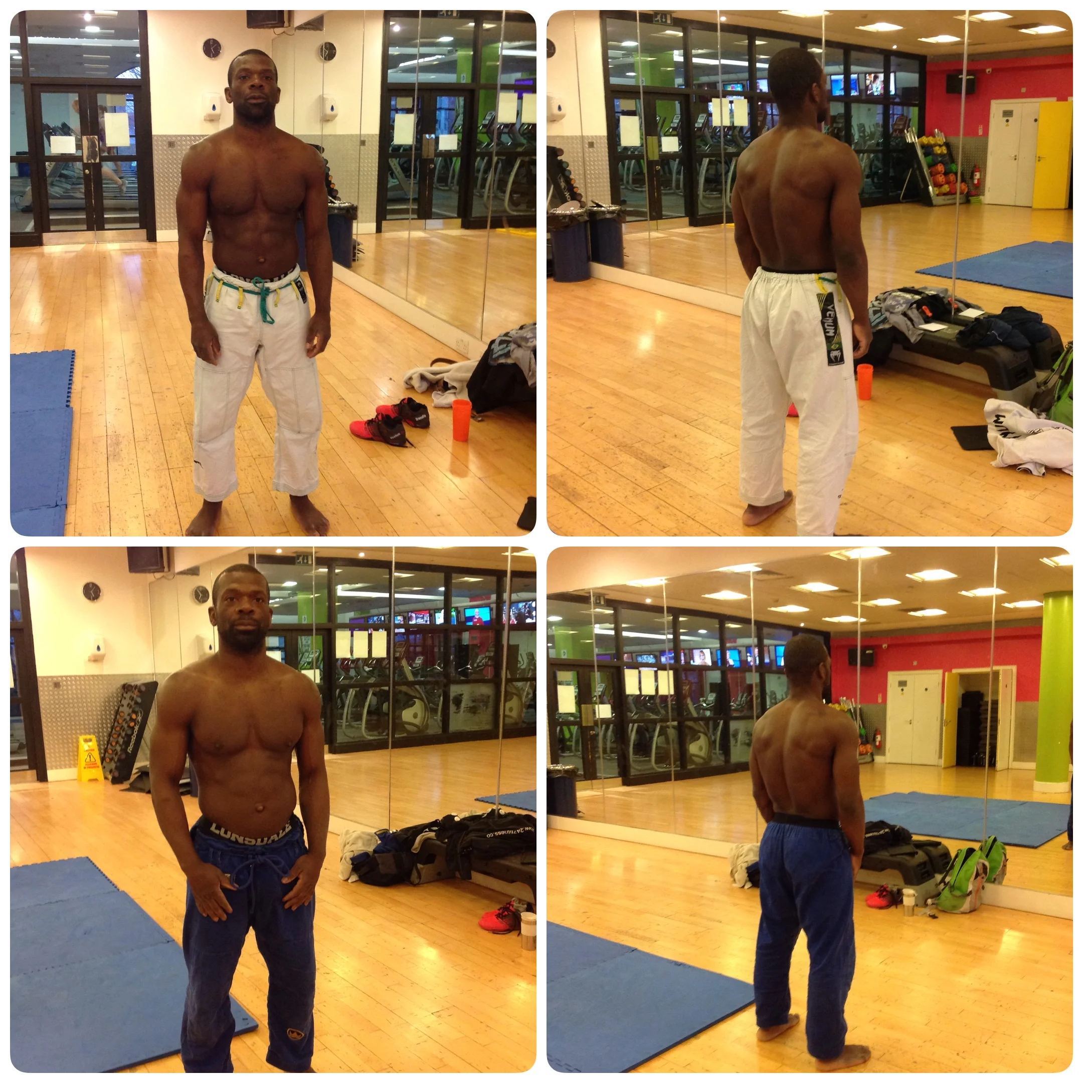 The bottom pictures was taken first thing in the morning before training last week Thursday 28th of April. I weighed 90.2kg at the time. The tp picture are from this morning Wednesday the 4th of May. I now weigh 86.7kg, I lost 3.5kg in a week. The differences if you pay attention are my waist is smaller, my face slimmer and my abs start to show more.