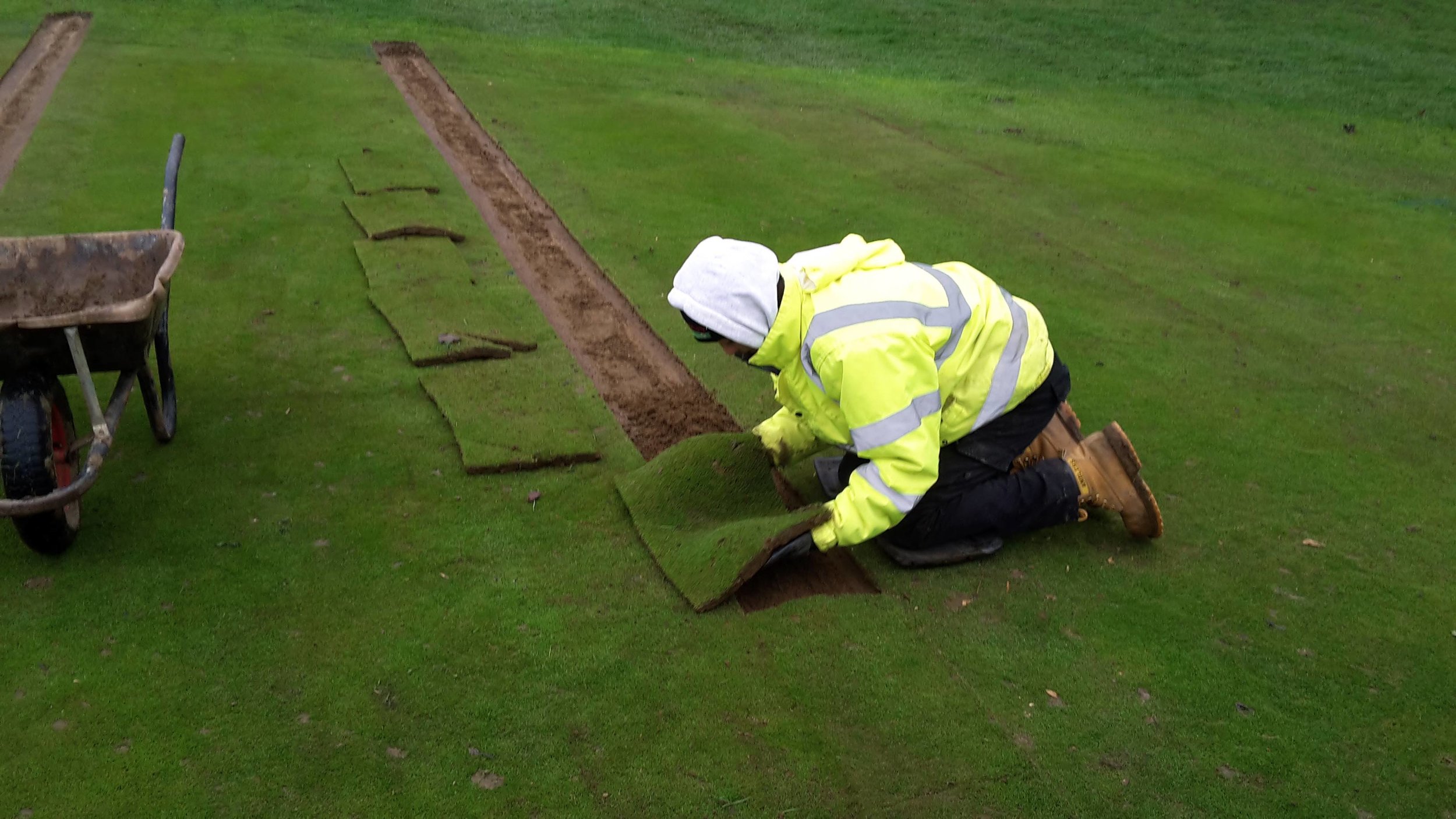  Strips of turf are cut, marked and stored, prior to their reinstatement at the exact point of their removal - to facilitate quick and healthy regrowth.&nbsp; 