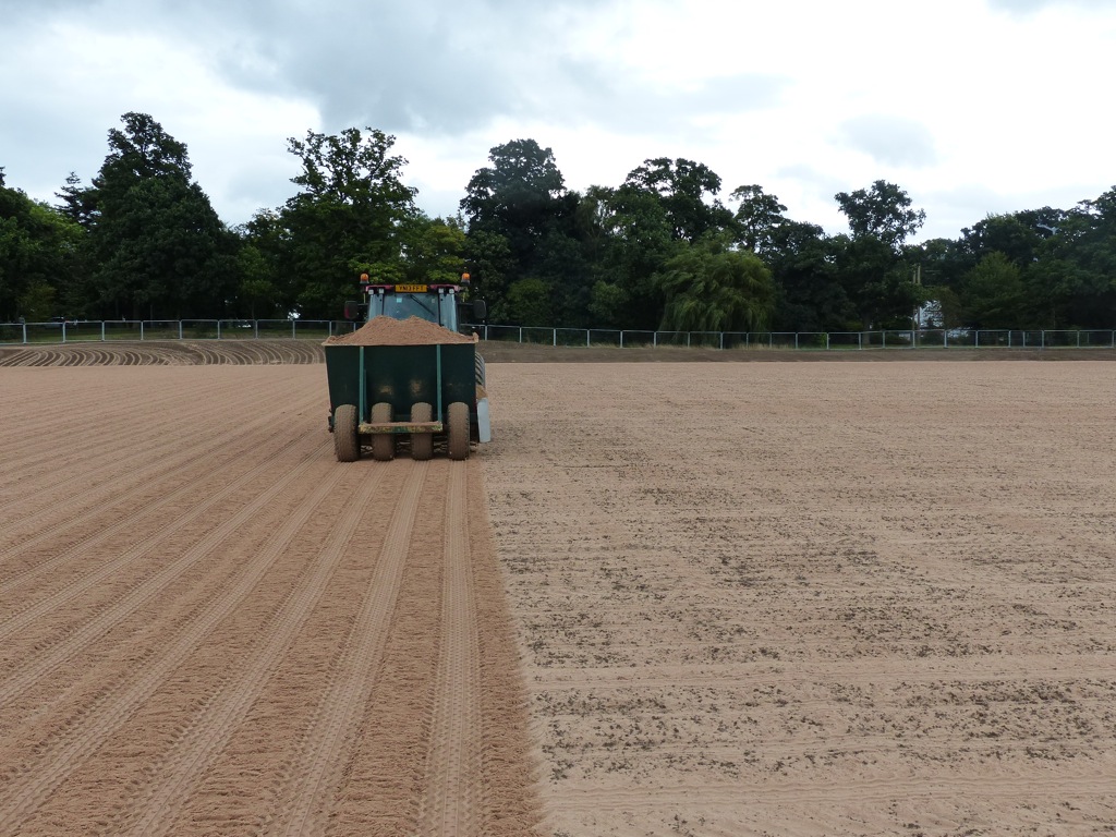 The pitches and surrounds are cultivated prior to seeding.