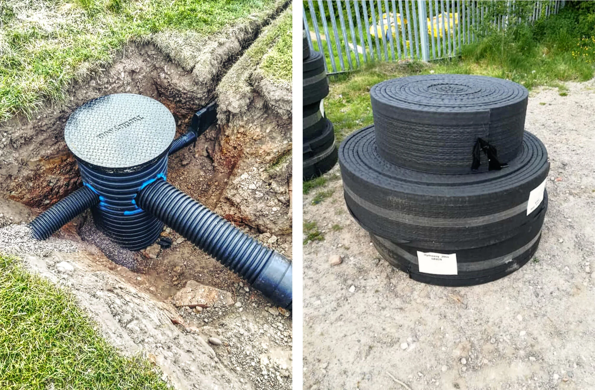  Drainage chamber shown left, Hydraway Sportsdrain rolls shown right. 
