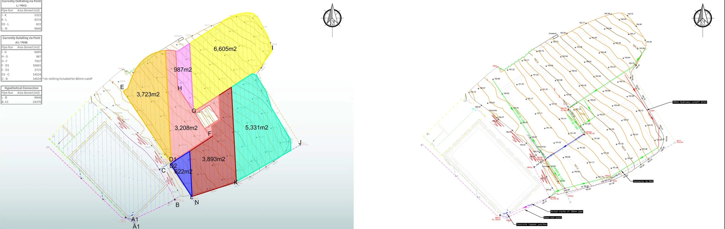 Diagrams showing the anlysis of the existing and proposed new arterial carrier drain systems for Hollingworth Academy’s sports pitch drainage system.