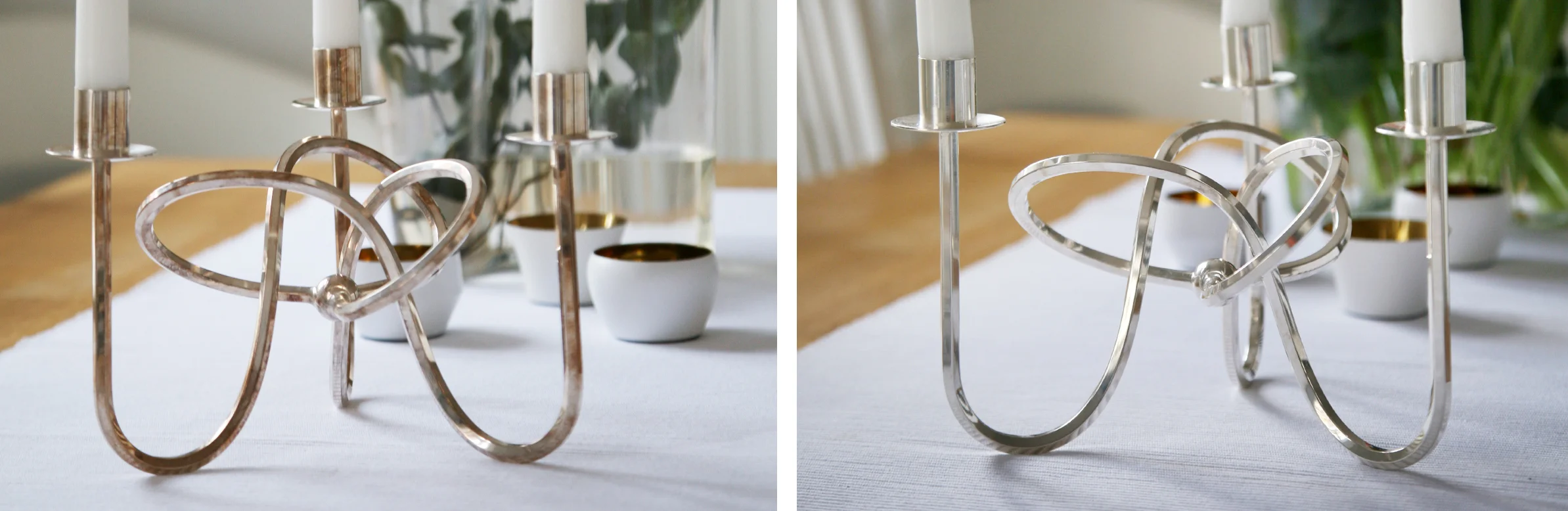 TIPS! Silver behöver putsas med jämna mellanrum. Ett superenkelt husmorsknep är att lägga aluminiumfolie i botten på diskhon, ställa i ljusstaken eller det man vill putsa, strö över bakpulver och sedan hälla på kokande vatten så det täcker. Låt stå några minuter och ta sedan upp och putsa med en putsduk. Voila!