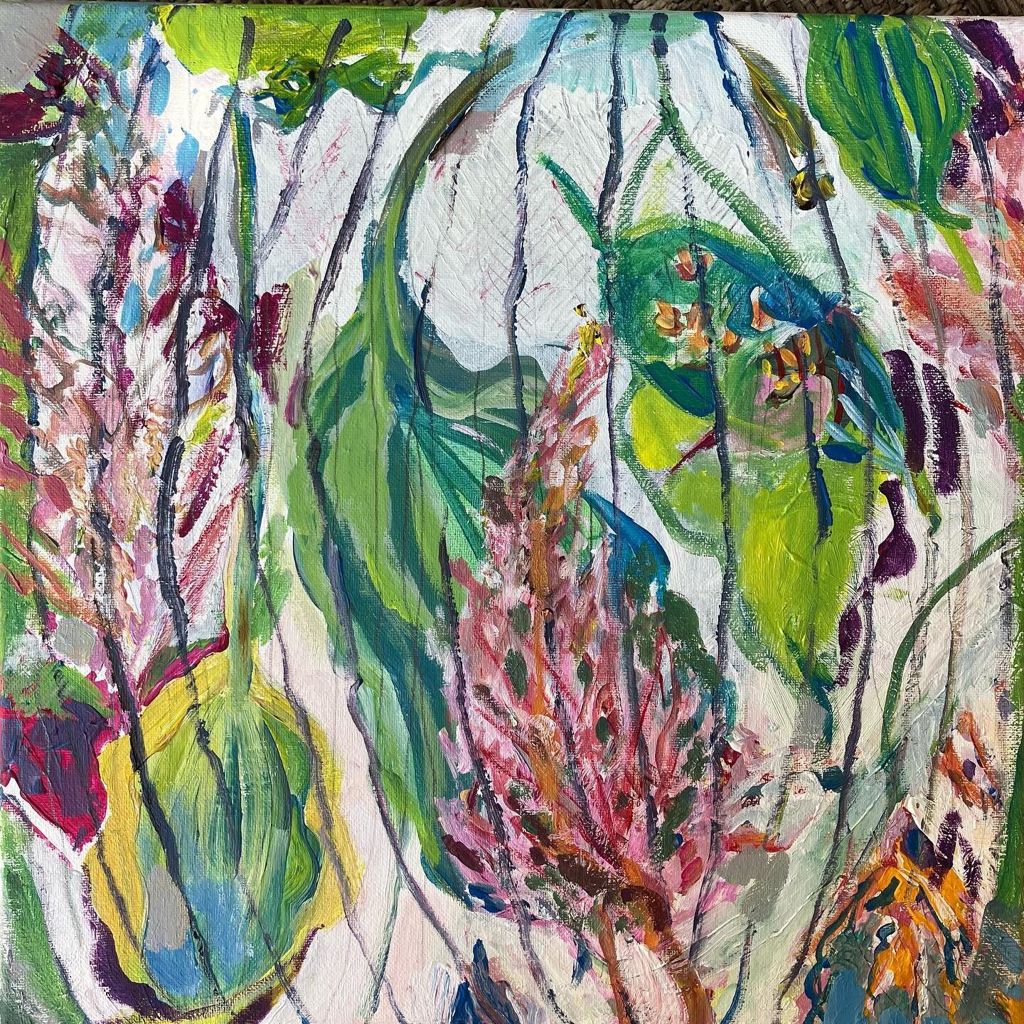 Flora-II/2022 14&quot;x14&quot;, abstracted floral, acrylic on canvas. Watercolor sketches (photo2) often lead to additional work in the studio.