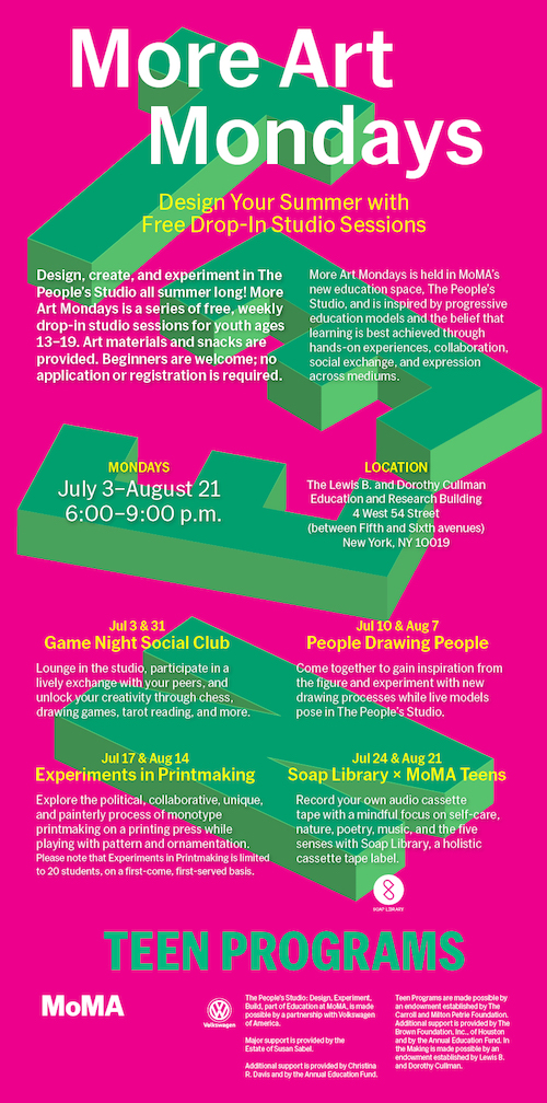Soap Library teamed up with MoMA Teens to present two cassette-making workshops on July 24 and August 21, 2017 as part of More Art Mondays. The workshop lead students through the cassette-making process while paying mindful attention to the five senses. Find out more about the workshop here and read through our pamphlet for an overview of our curriculm. Soap Library x MoMA Teens workshops are organized by Rachel Barnhart, Jonathan Campolo, Kerry Santullo, and Kaitlyn Stubbs with guest artists Jacob Becker and Sarah Kinlaw . 