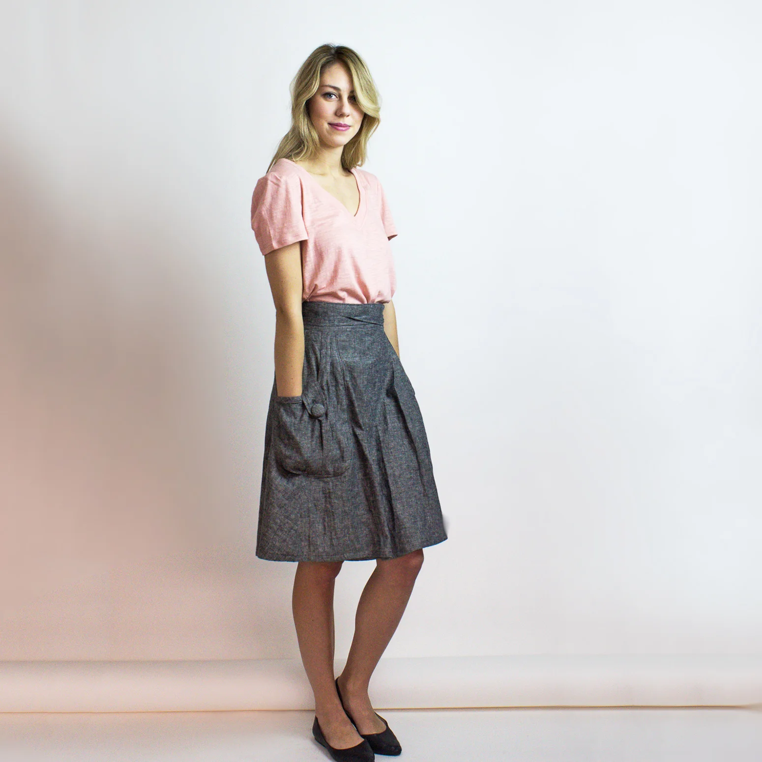 Oversized organic cotton V neck tee & Heartland eco denim skirt - Simone's Rose SS'16 collection. Shop our Heartland skirt here.