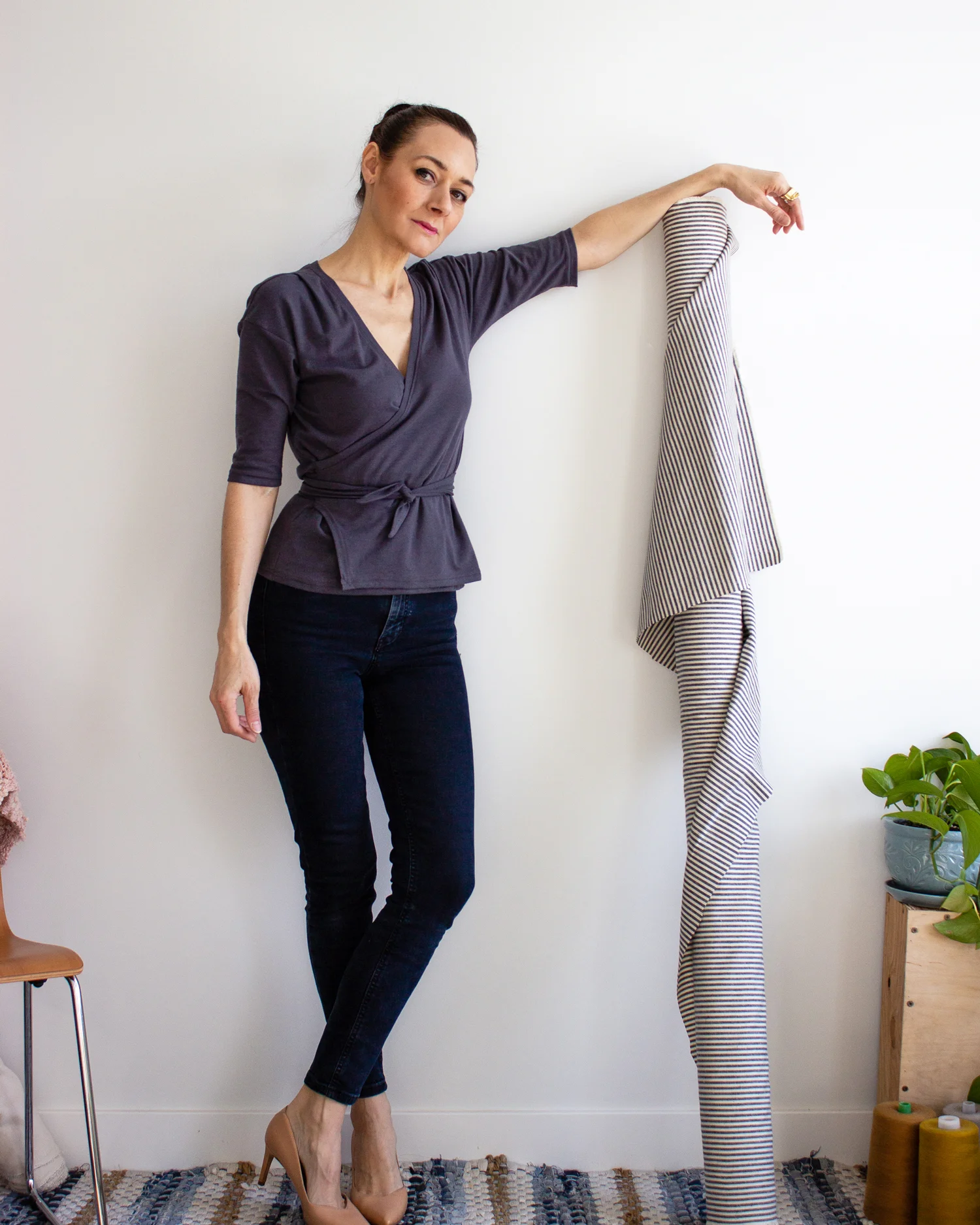 Last but certainly not least, our Glenn wrap top is a great transitional piece for all seasons. Not gonna lie, I'm already hooked on mine! Available in Rust, Heather Gray, Black and Slate Gray as shown. In other news: We'll be introducing new linen & organic cotton/hemp pieces as the month progresses! Hint: How do you like this gorgeous stripe for an easy to wear dress or spring jacket?! As always, please feel free to contact us with your inquiries or custom requests! Yours truly, Michelle