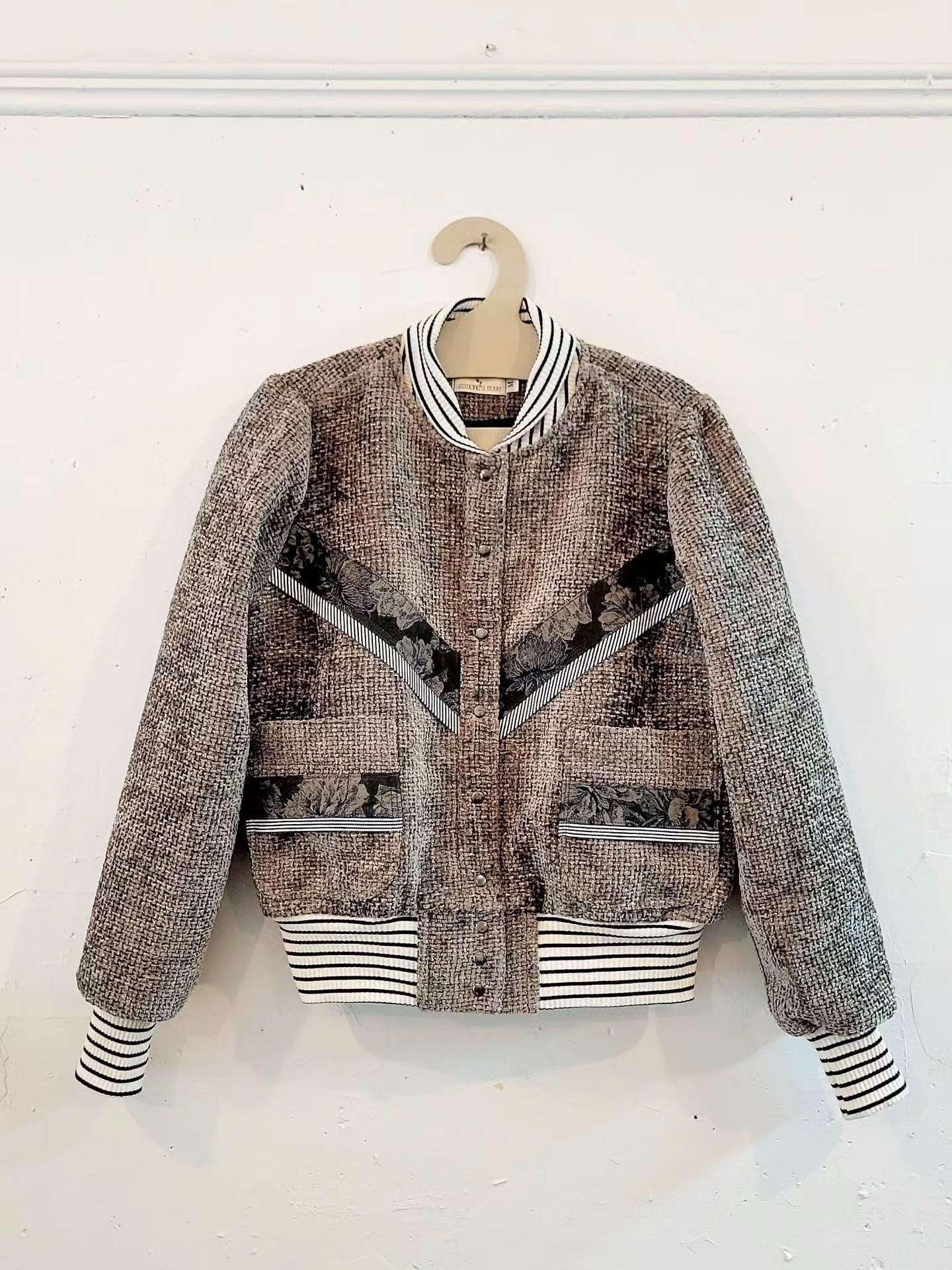 Custom Dreamscape bomber in the softest, velvetiest deadstock textile.  Japanese cotton floral corduroy &amp; stripe denim trim.  Our signature stripe rib knit, pewter snaps &amp; navy blue lining to top it all off. 

Thank you to Erin for commission