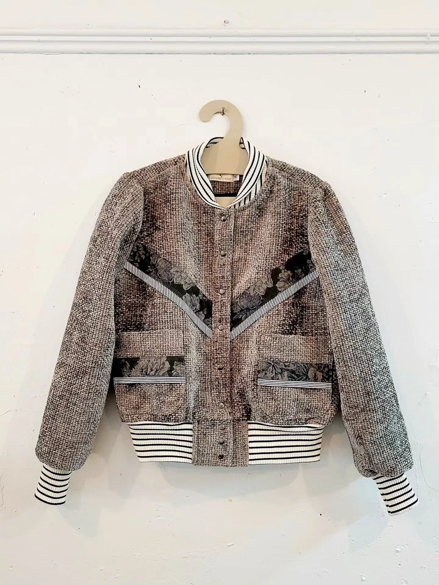 Custom Dreamscape bomber in the softest, velvetiest deadstock textile.  Japanese cotton floral corduroy &amp; stripe denim trim.  Our signature stripe rib knit, pewter snaps &amp; navy blue lining to top it all off. 

Thank you to Erin for commission