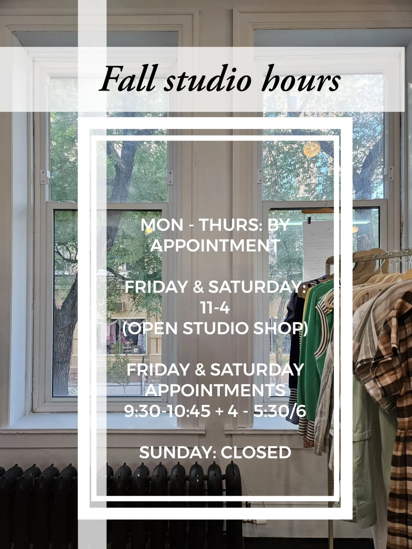 Fall hours!  In case ya missed the news, we moved &amp; I'm finally getting to a place where I'm ready to welcome you into the new space. 

While I'm still working on a million things for the space, it has come pretty far (Thanks to some help from sp