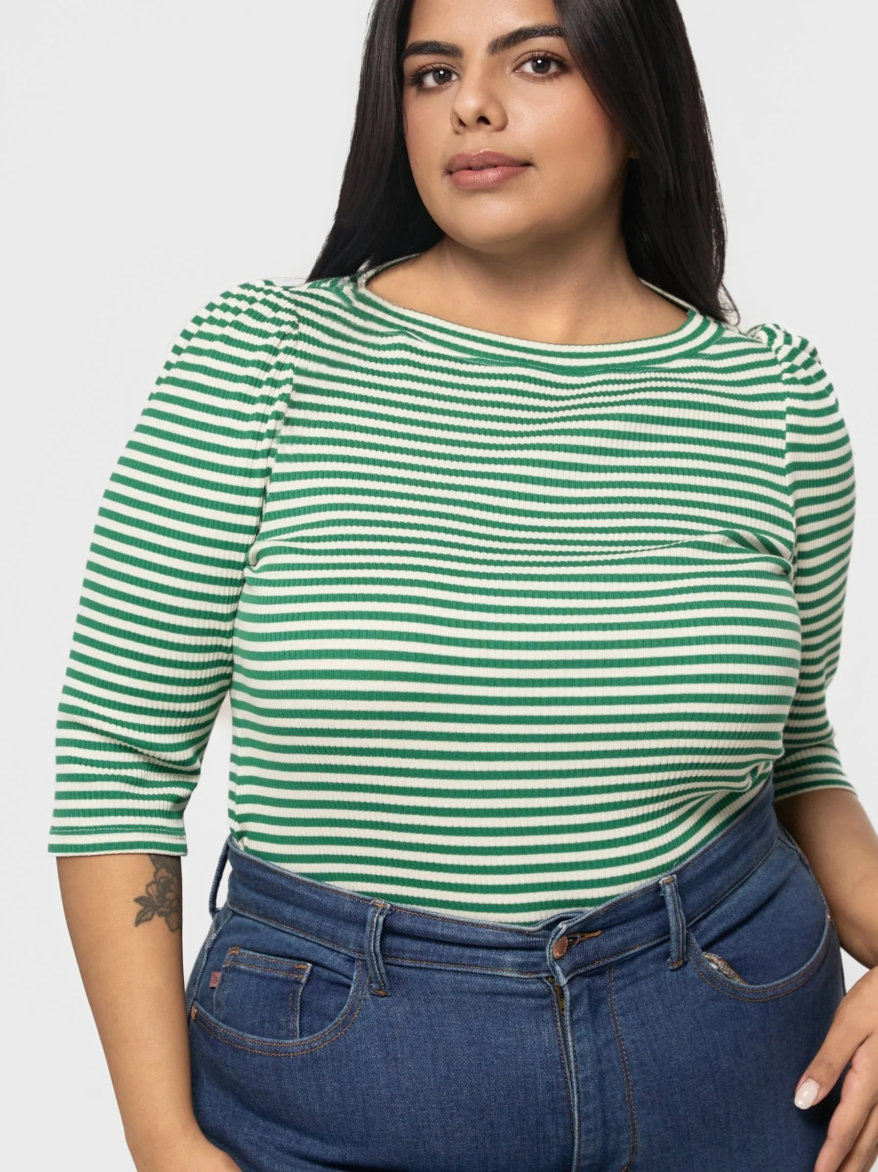 PRE-ORDER - Green Margo boat neck top - Green x Off white stripe