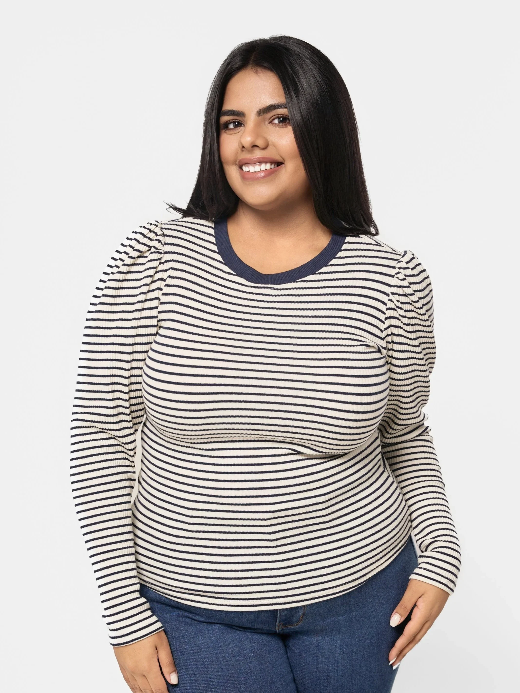 Bon Bon in Rib knit -  Stripe Stripe / Cotton long sleeve crew