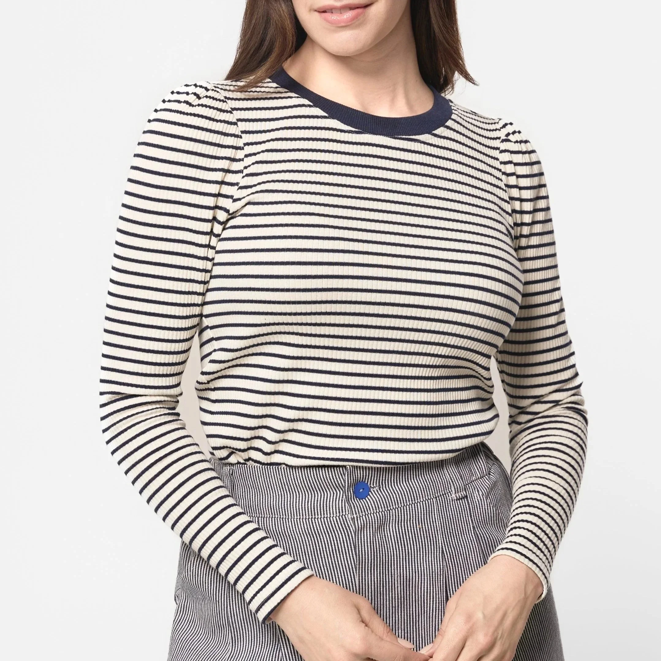 Bon Bon in Rib knit -  Stripe Stripe / Cotton long sleeve crew