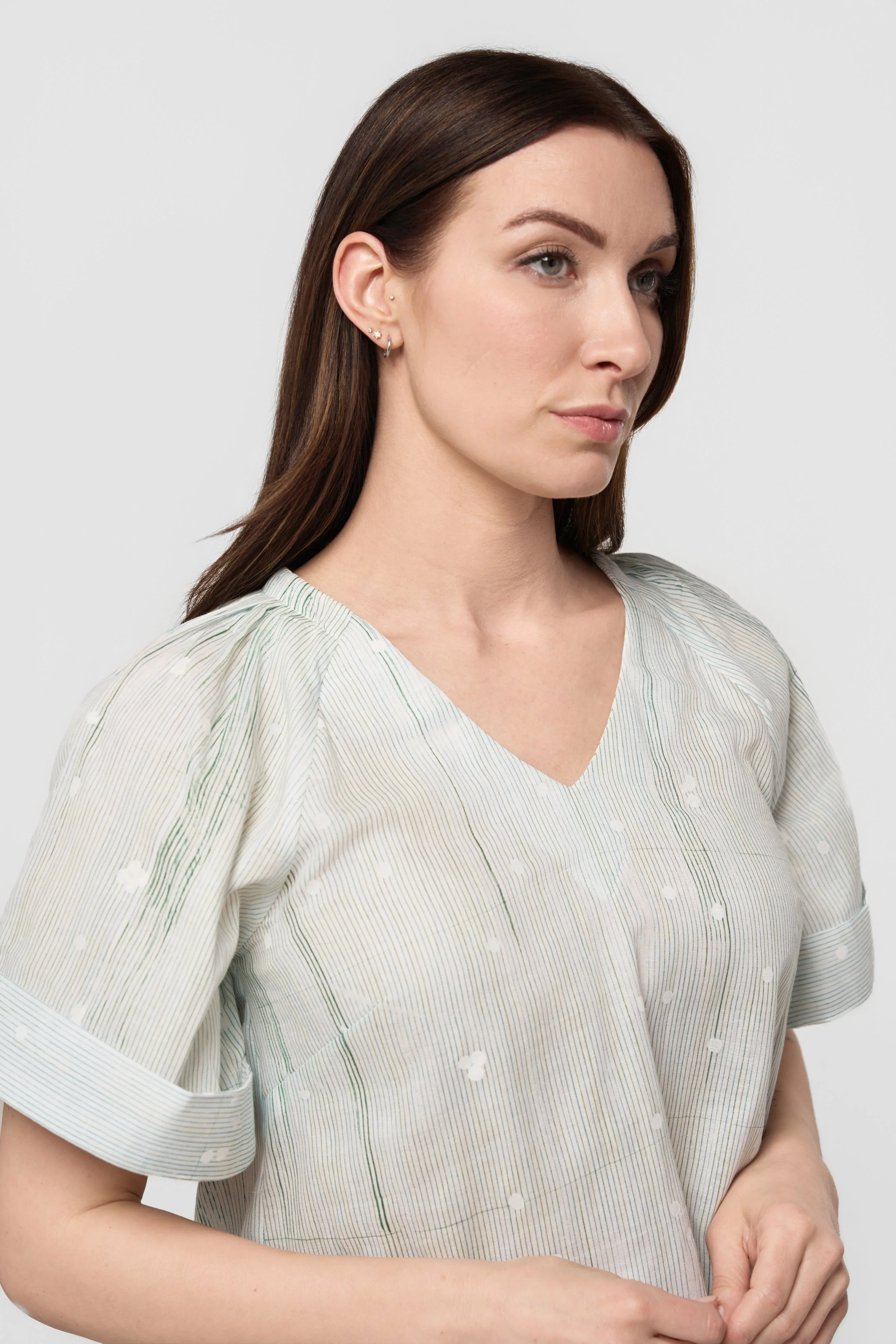 Brynn blouse in Green Stripe Poesia Visual - Japanese organic cotton double gauze
