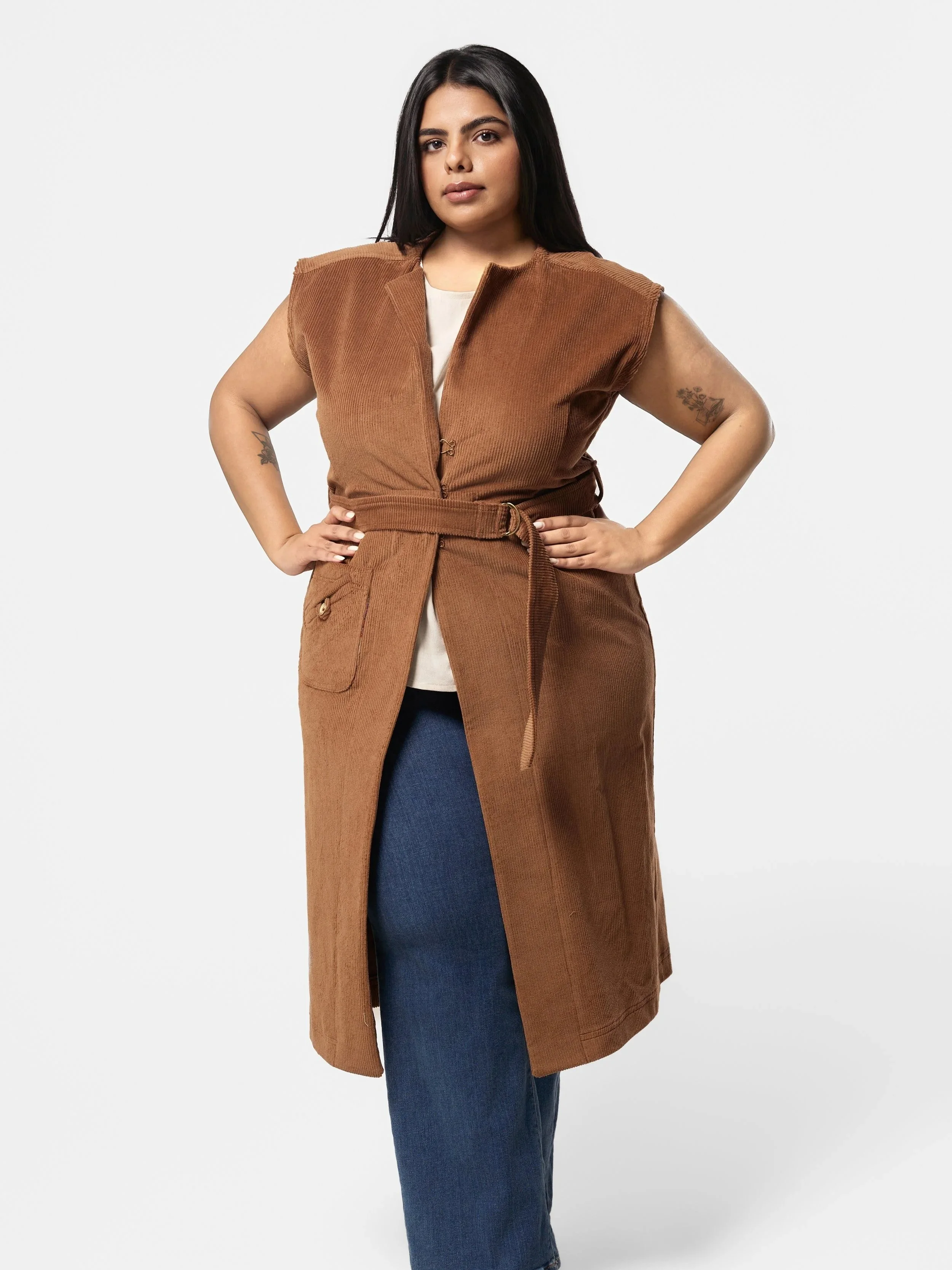Janice Vest - Cotton corduroy belted longline vest overlayer
