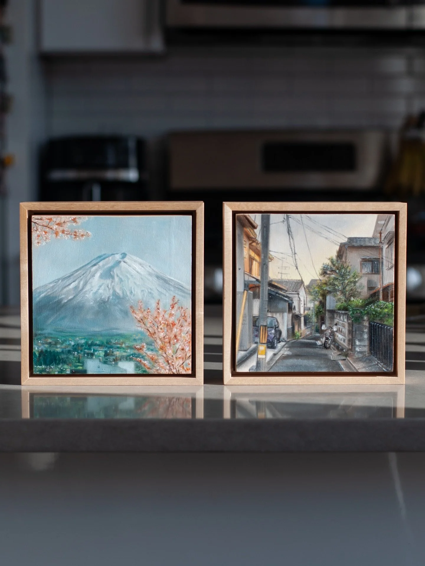 There&rsquo;s something so special about seeing my work in a new home. Here are two of my latest minis of Mt. Fuji and Kyoto, small in size (6x6&rdquo; each), but packed with memory. And they look very at ease in their new space, tucked into a gorgeo