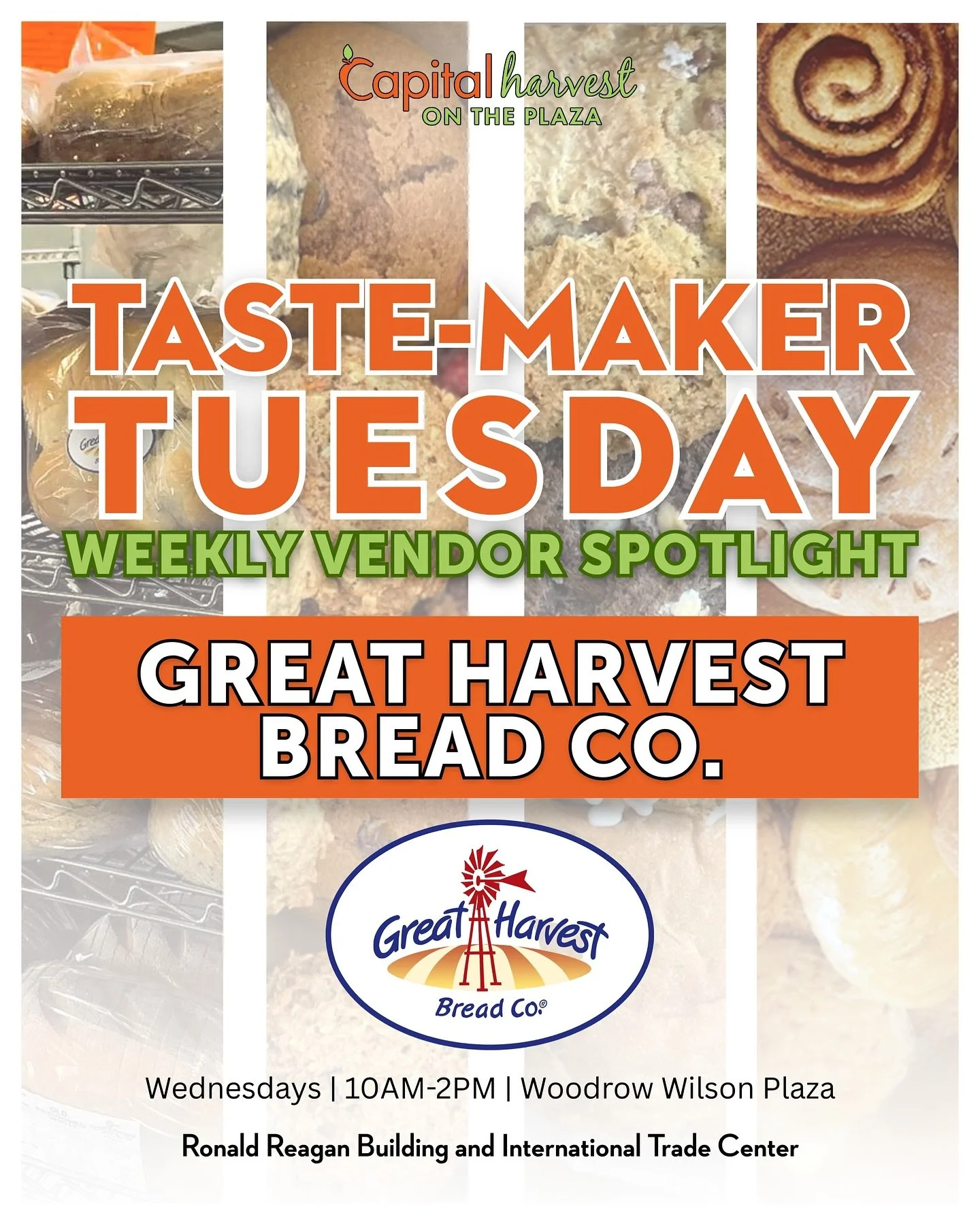 Fresh-baked comfort is rising at Capital Harvest on the Plaza THIS Wednesday! 🍞✨
&nbsp;
Say hello to Great Harvest Bread Co., known for their handcrafted breads and baked goods made the old-fashioned way&mdash;fresh-milled whole wheat, simple ingred
