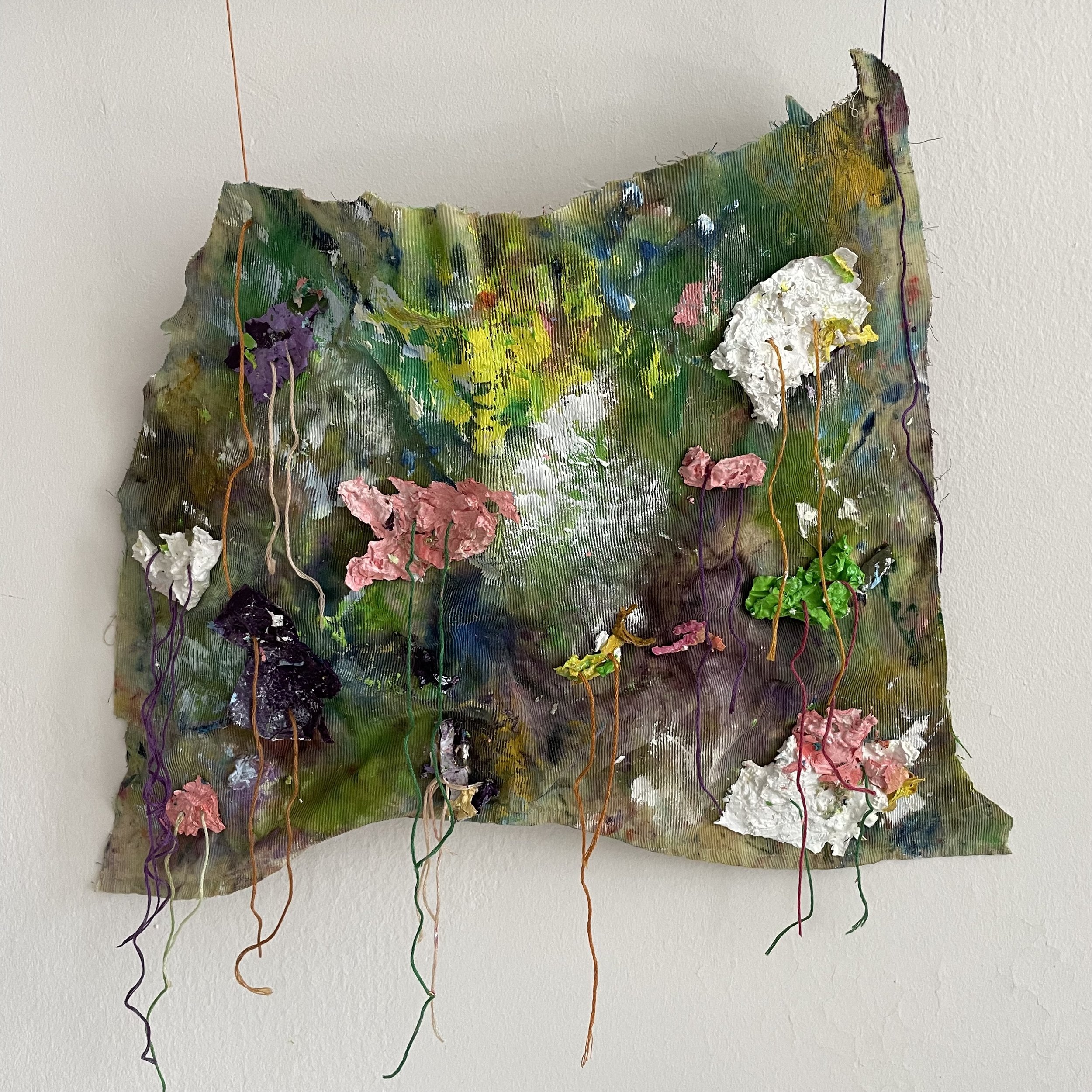   Spring is in the Air   2022  12” x 18” (variable)  Dried oil paint, embroidery threads on fabric 