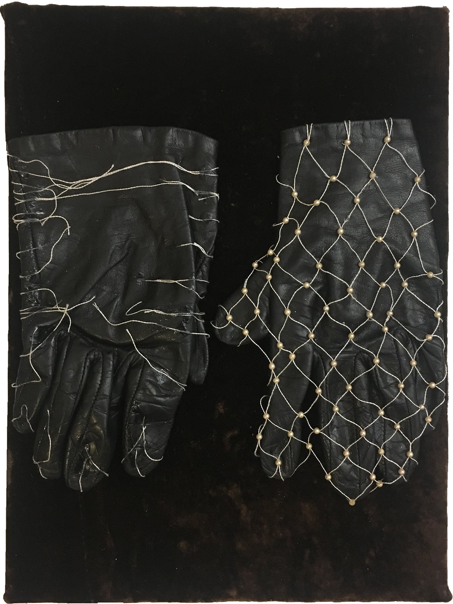   Sylvia’s Mother’s Gloves, My Grandmother’s Beads, My Velvet Pants    2018-2019  12 x 9 in.  Leather gloves, beads, embroidery thread, velvet  