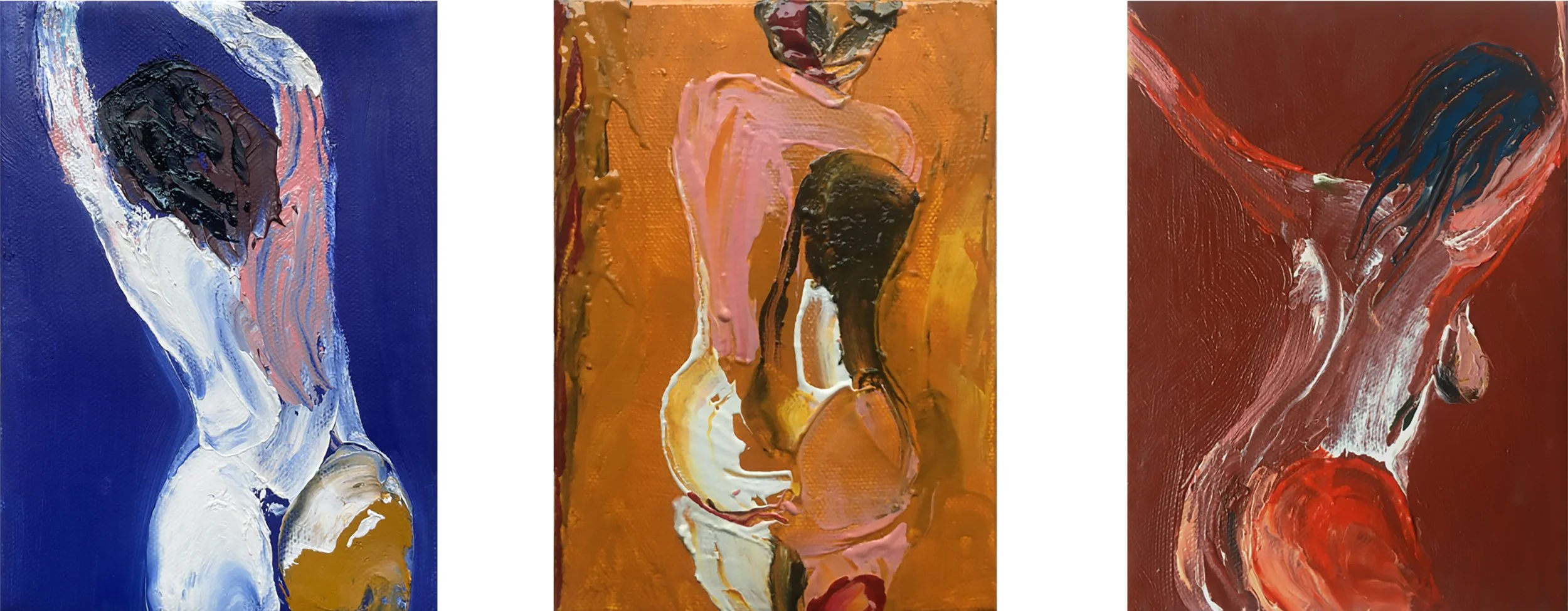   (left-to-right)   Events in the Body:    Mini Torso #52  2023  Mini Torso #14  2020  Mini Torso #17   *Sold  2021 Oil on canvas 7x5 in. 