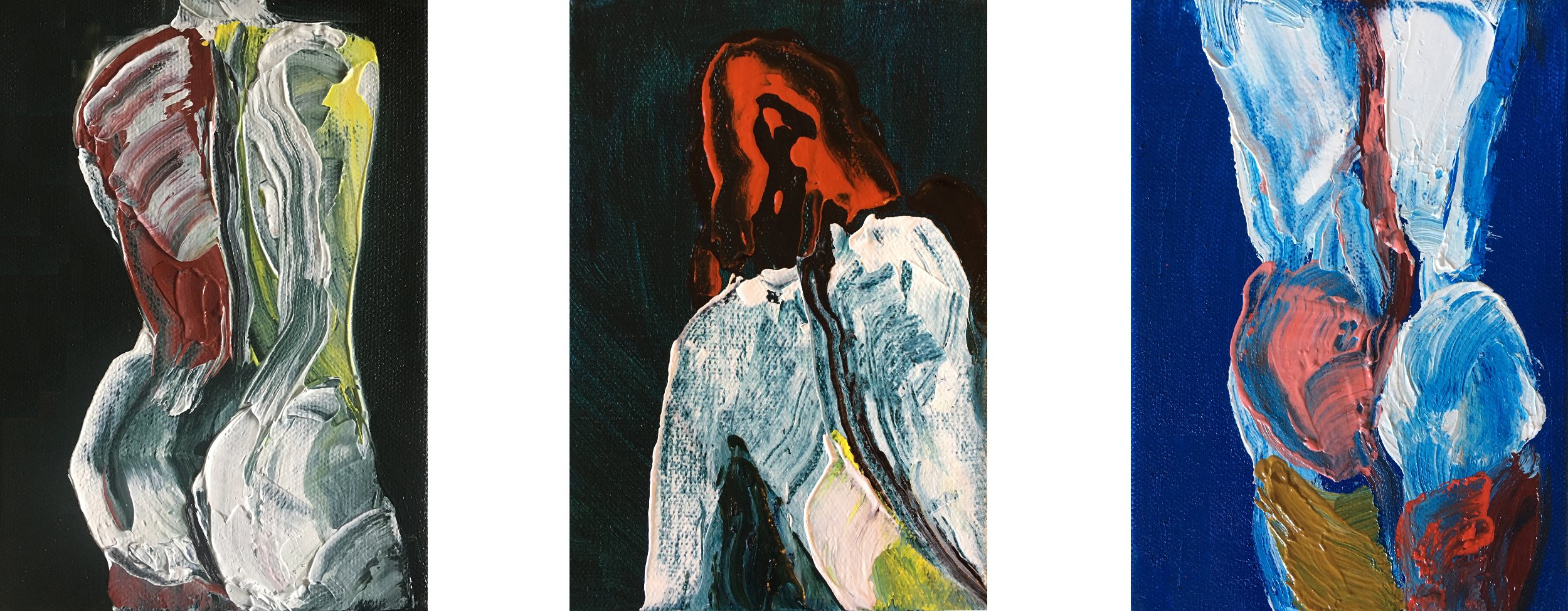   (left-to-right)   Events in the Body:    Mini Torso #10   *Will be auctioned at Art Spiel’s fundraiser 12/19/25   Mini Torso #2   Mini Torso #8   *Sold  2018 Oil on canvas 7x5 in. 