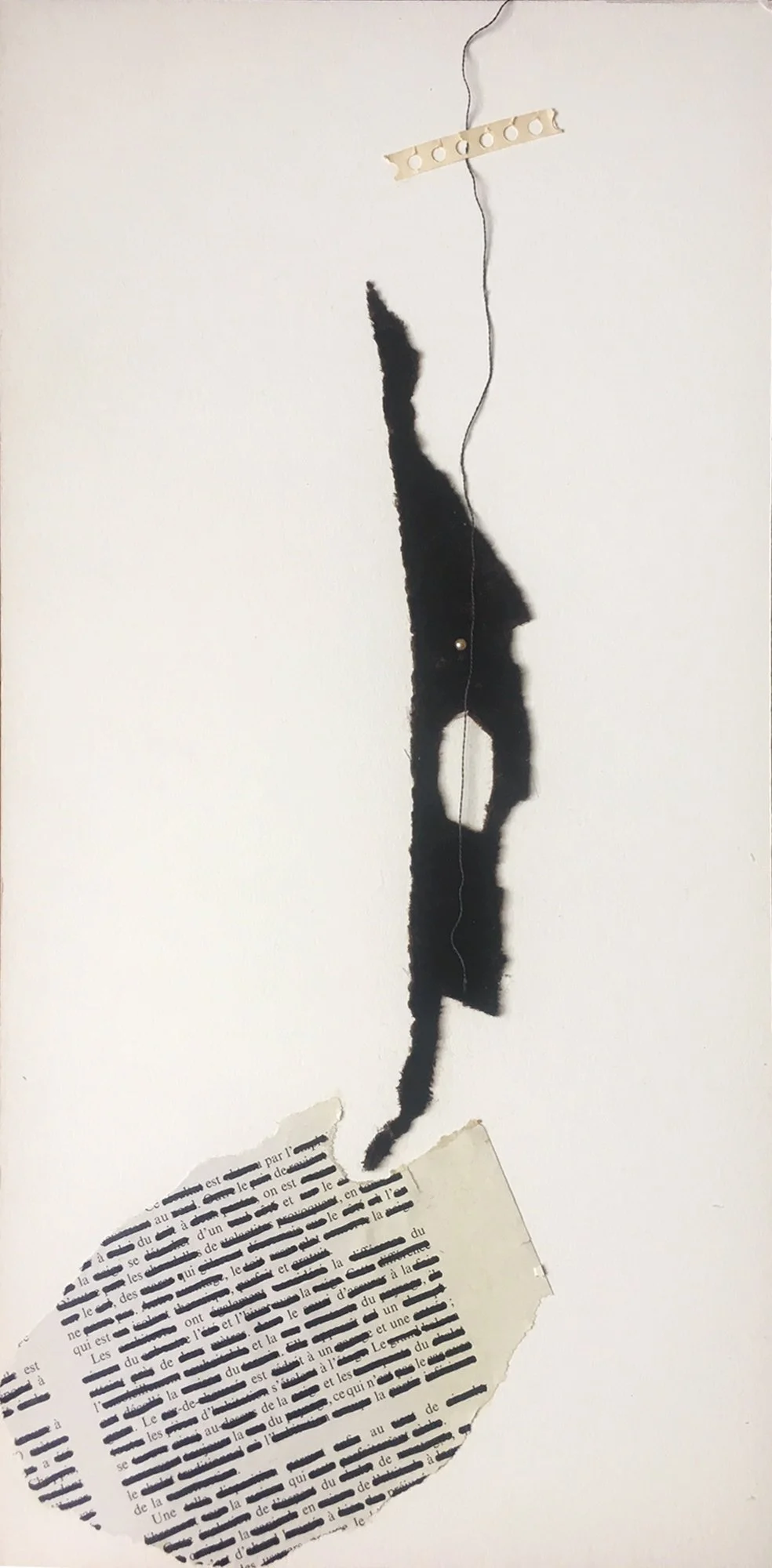 Collage Homage (2019)  I  Fabric, page from a book, marker, bead, sewing thread on paper  I  19x7 in.