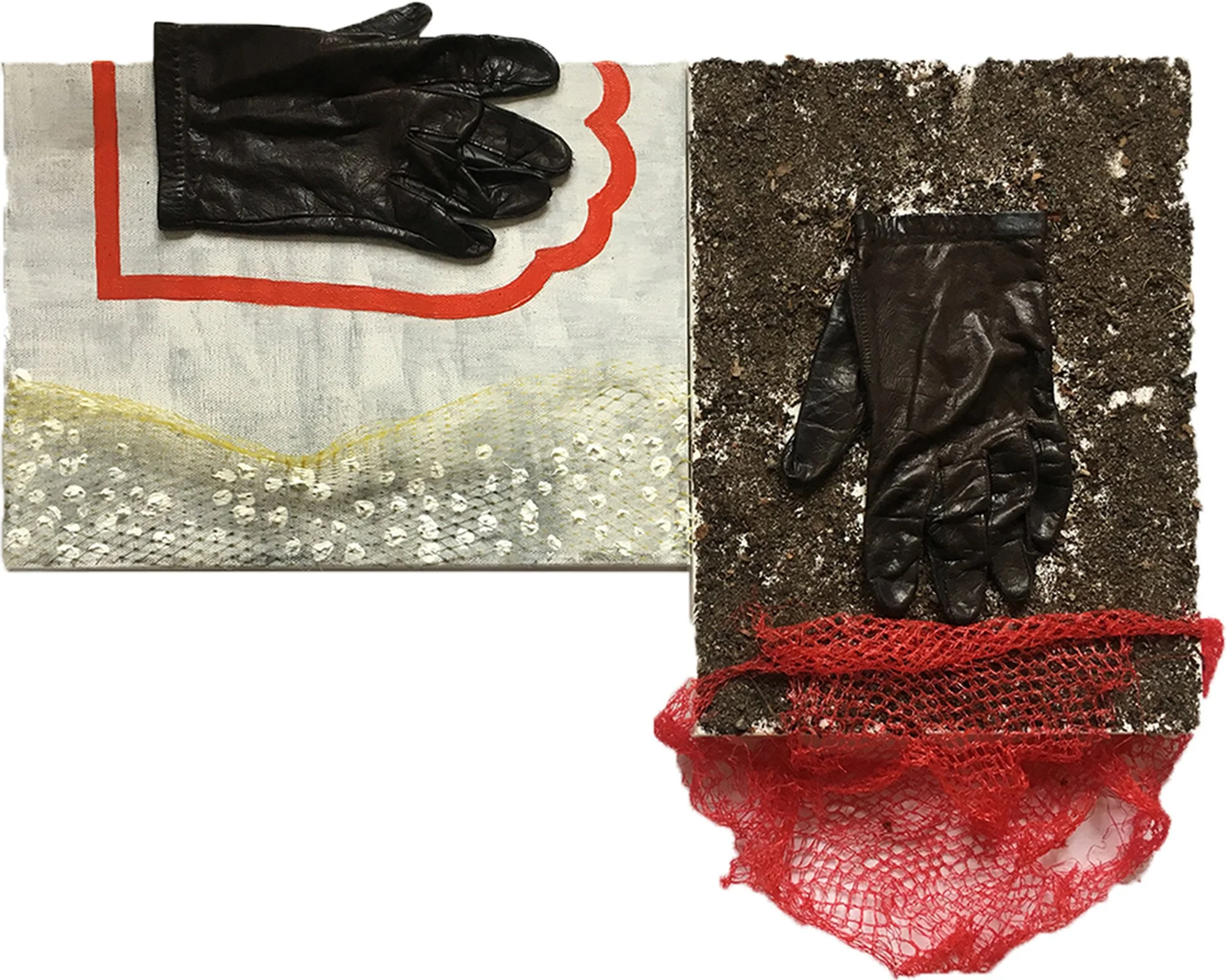 Diving into my skin (2018)  I  Leather gloves, fruit nets, soil, oil paint on canvas  I  21x17.25 in.