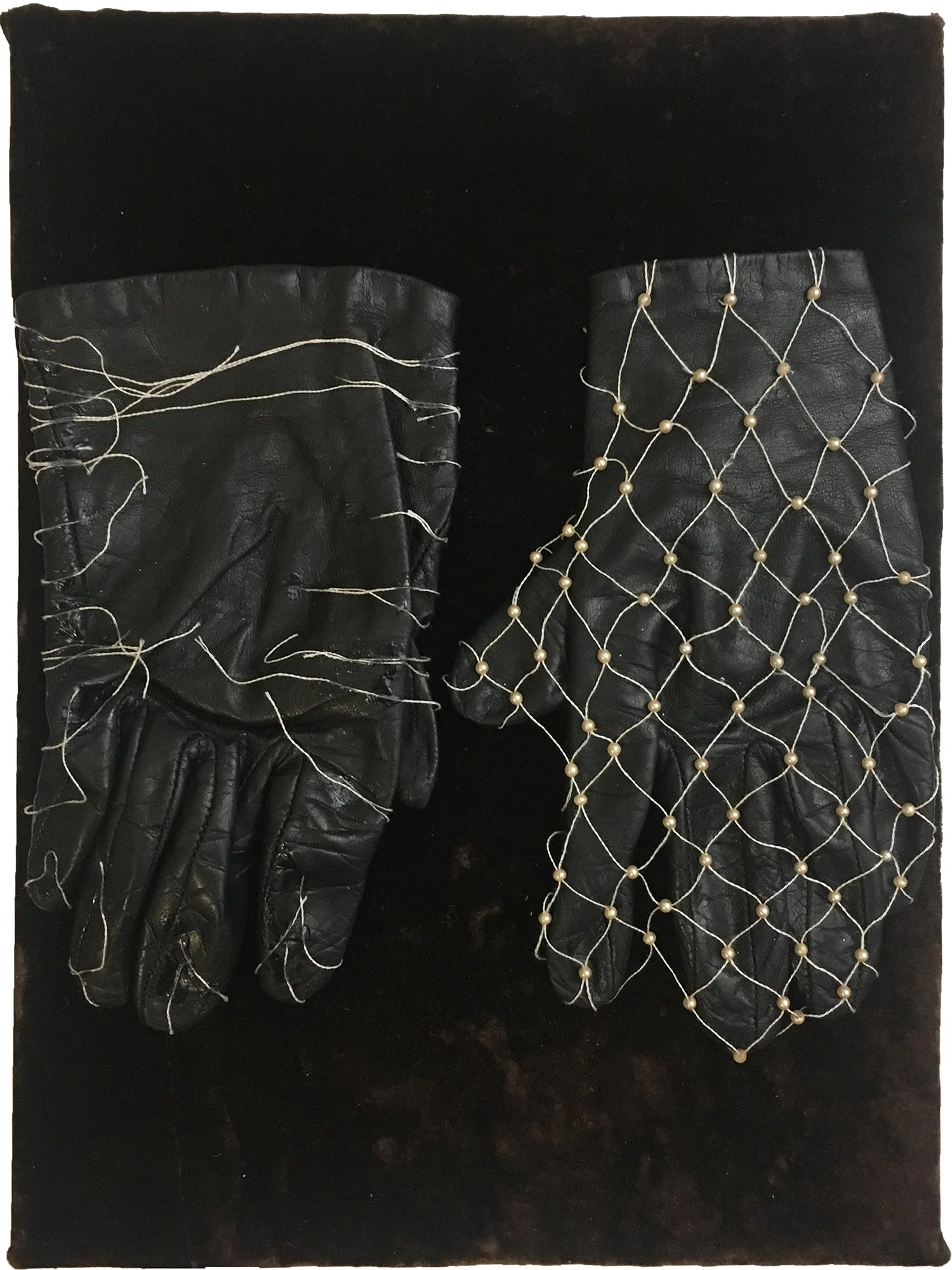 Sylvia’s mother’s gloves, my grandmother’s beads, my velvet pants (2018-2019)  I  Leather gloves, beads, embroidery thread, velvet on canvas  I  12 x 9 in.


