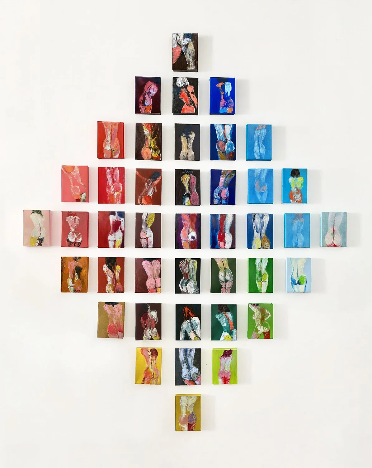 Events in the Body: Mini Torsos (2018-2025)  I  Oil on canvas  I  65 x 83 in. (7 x 5 in. each)  I  Installation concept and curation: Connie Lee/Art Lives Here  I  10 out of 41 pieces SOLD