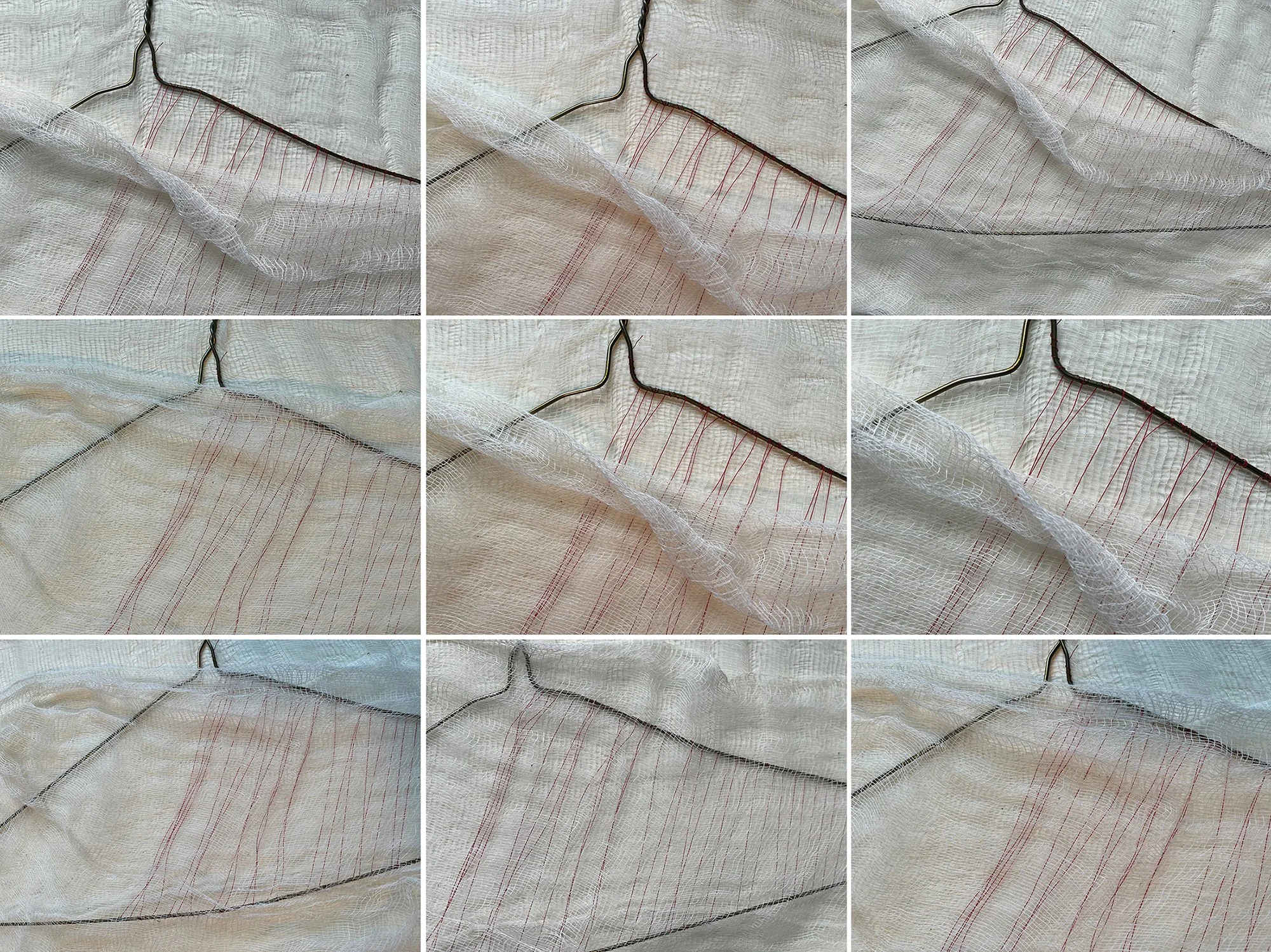 Red Hangers (2022)  I  iPhone photocollage of: Wire hanger, red sewing thread, cheese closth  I 20.5x27.3 in.
