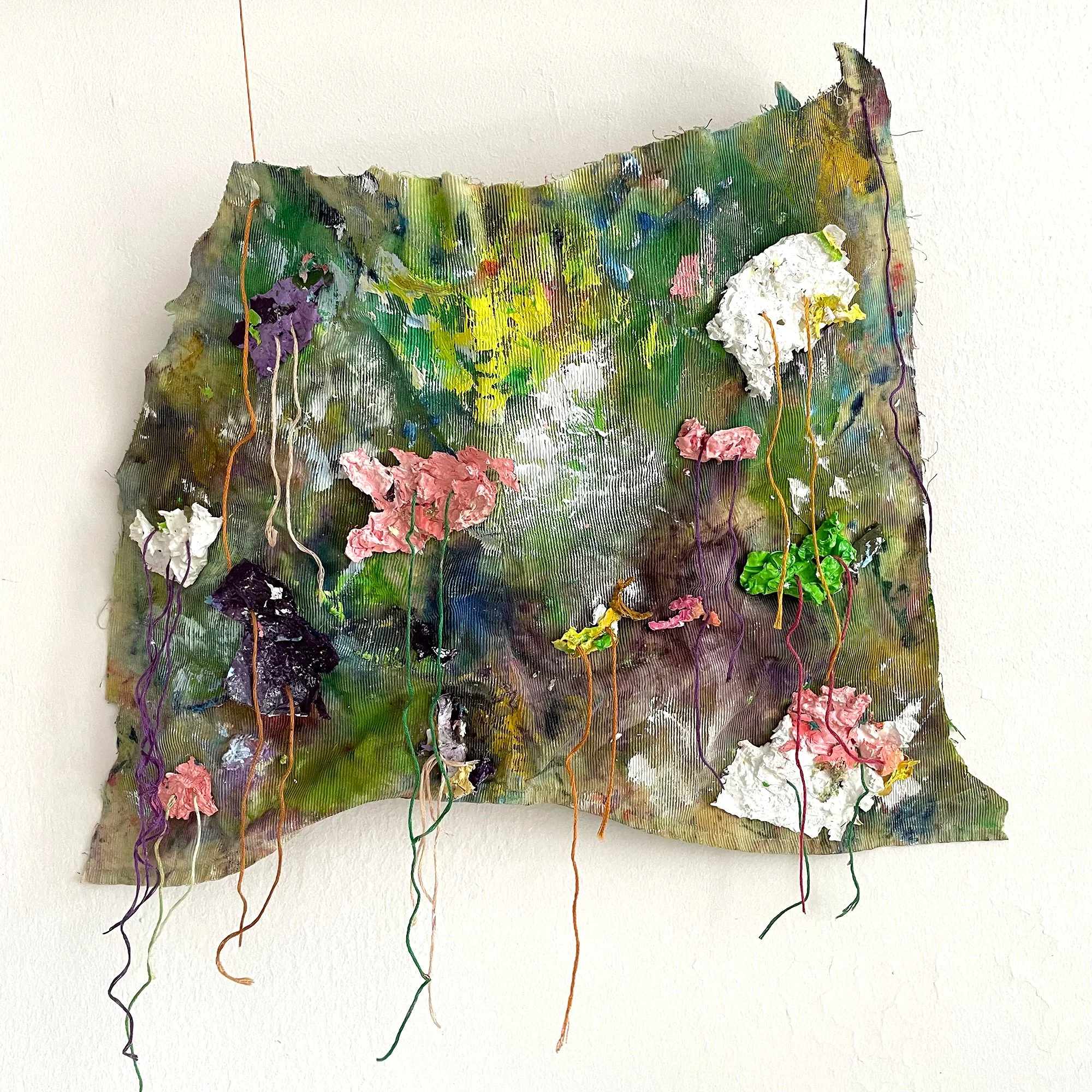 Spring is in the Air (2022)  I  Mixed media (Dried oil paint, embroidery threads on fabric)  I  
12x18 in. (variable)
