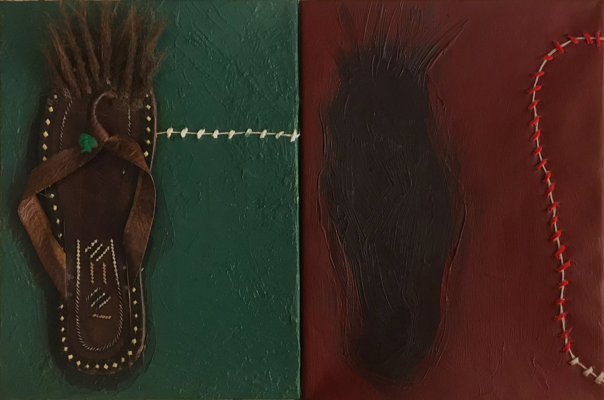 Displaced (Diptych, 2018-2019)  I  Leather thong, hair, leather cord, embroidery thread, oil paint on canvas  I  12x18 in.