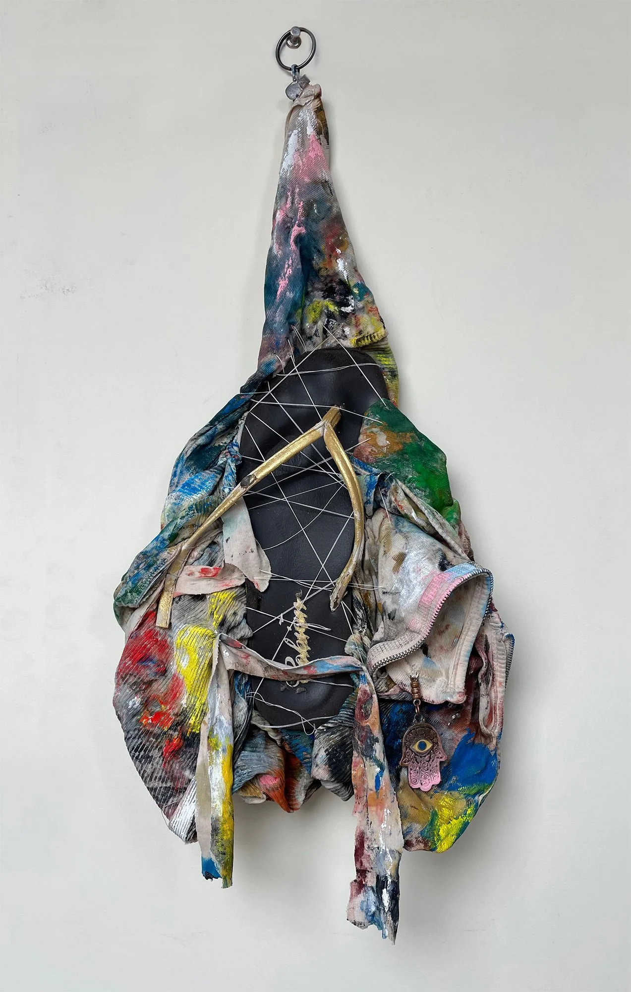 A Mother’s Anguish (2022)  I  Cardigan, oil paint, flipflop, sewing thread, keychain  I  23.5x10.75 in. (variable)  I  SOLD