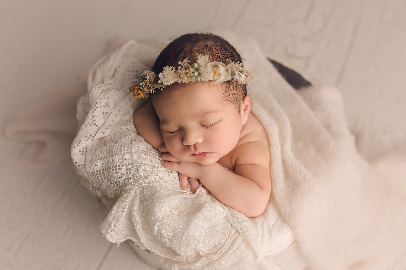 Baltimore Maryland Newborn Photographer Jessica Fenfert baby girl in cream basket  