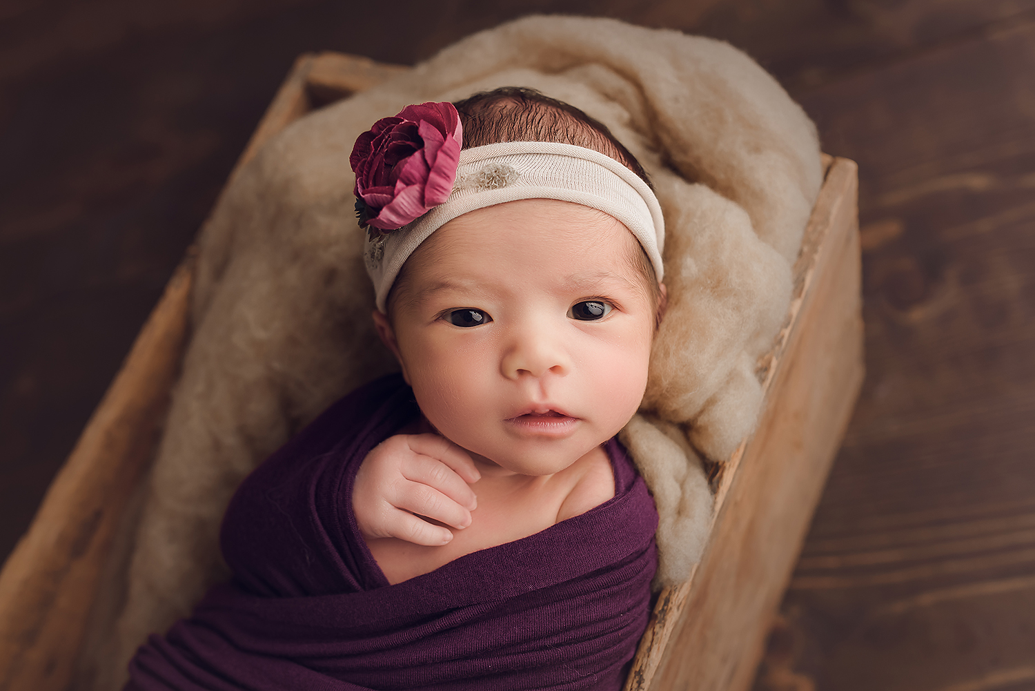 Baltimore Maryland Newborn Photographer Jessica Fenfert baby girl eyes open purple wrap 
