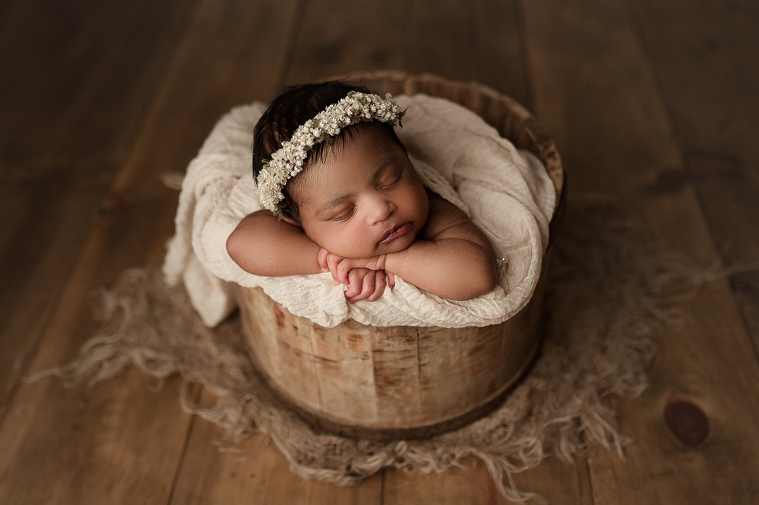 Jessica Fenfert Baltimore Maryland Newborn Photographer baby girl in bucket