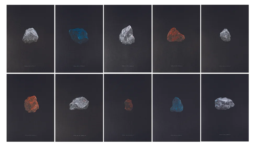 Volcán Ceboruco. Estudio de rocas volcánicas / Ceboruco Volcano. Volcanic Rocks Studies , 2012 Lápiz de color, papel / Coloured pencil, paper Políptico de 10 dibujos de 50 x 35 cm cada uno / Polyptych of 10 drawings of 50 x 35 cm each 