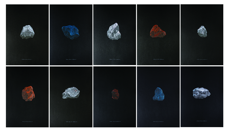     Volcán Ceboruco. Estudio de rocas volcánicas           /   Ceboruco Volcano. Volcanic Rocks Studies    , 2012    Lápiz de color,&nbsp;papel   / Coloured pencil,&nbsp;paper    Políptico de 10 dibujos de 50 x 35 cm cada uno / Polyptych of 10 drawin