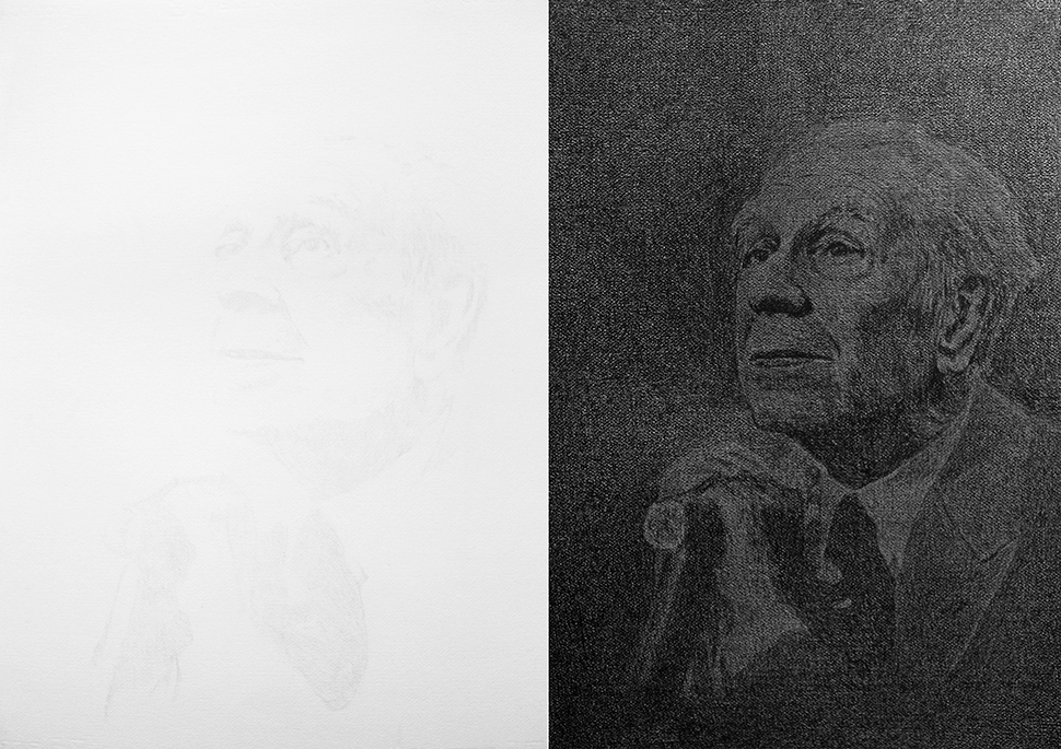     Borges Velado / Veiled Borges,     2012    Lápiz de color,&nbsp;papel / Coloured pencil,&nbsp;paper    Díptico de 70 x 50 cm cada uno / Diptych of 70 x 50 cm each &nbsp;    &nbsp;  