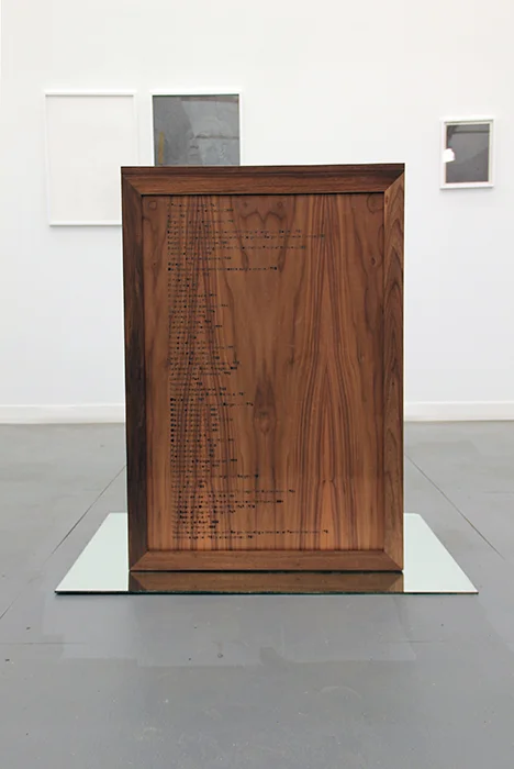 Todos los libros de Borges / All the Borges’ Books , 2012 Caja de madera, tinta, espejo, vinil / Wooden box, ink, mirror, vinyl 100 x 40 x 70 cm