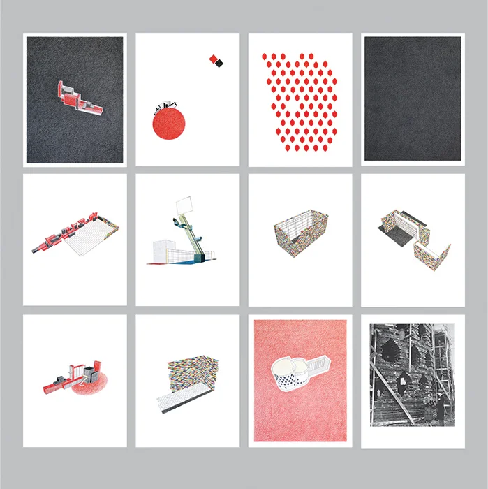 Proyecto para la biblioteca constructivista / Project for the Constructivist Library , 2010 Lápiz de color, papel / Coloured pencil, paper Políptico de 12 dibujos de 35 x 28 cm cada uno / Polyptych of 12 drawings of 35 x 28 cm each