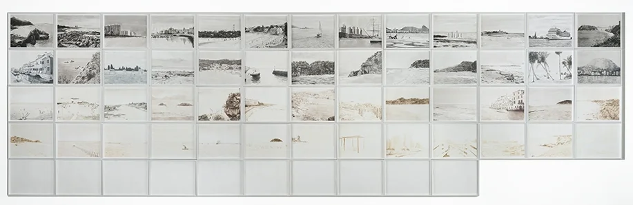 Monumento Bartlebooth / Bartlebooth Monument , 2011-2015 Tinta, papel, lápiz / Ink, pencil, paper Políptico de 62 piezas de 50 x 70 cm cada una / Polyptych of 62 pieces of 50 x 70 cm each Medidas finales variables / Final dimensions variable